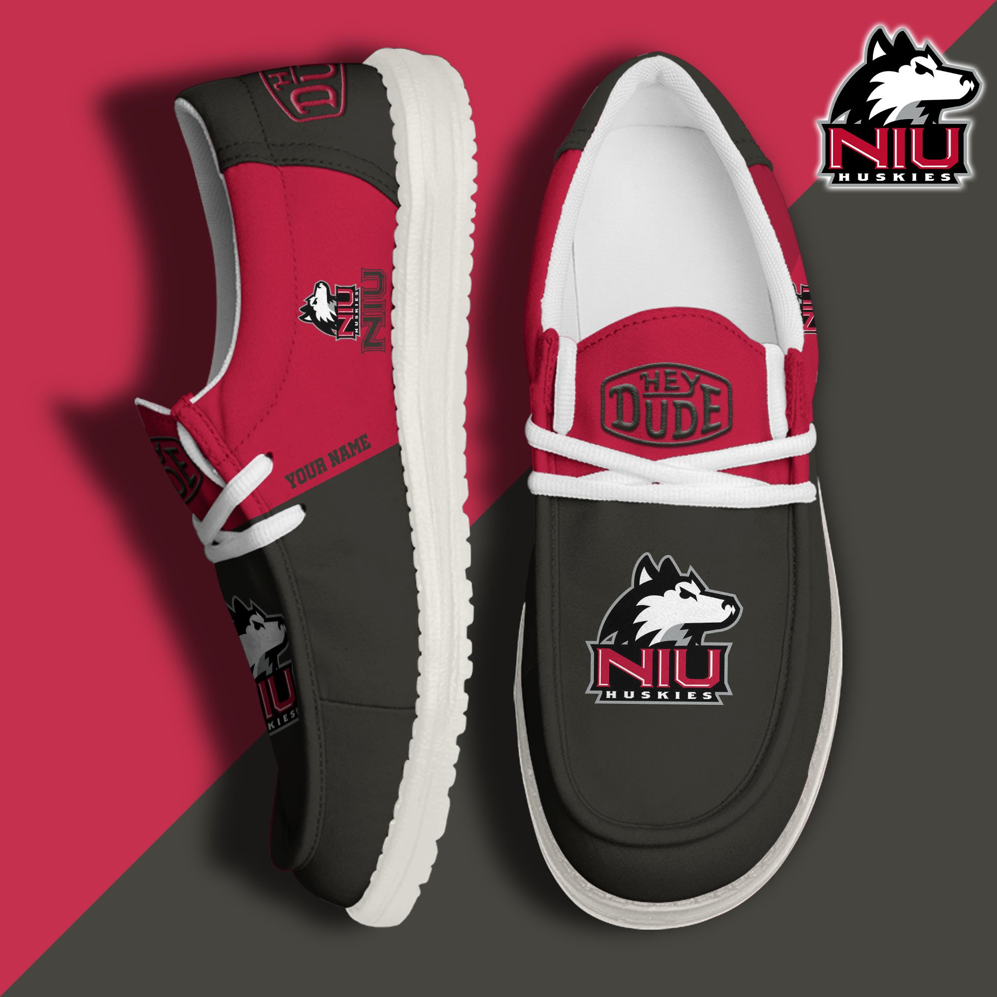 Northern Illinois Huskies Hey Dude Canvas Loafer Shoes 2024 Version Custom Your Name, Sport Shoes For Football Fans, Sport Gifts ETRG-61842