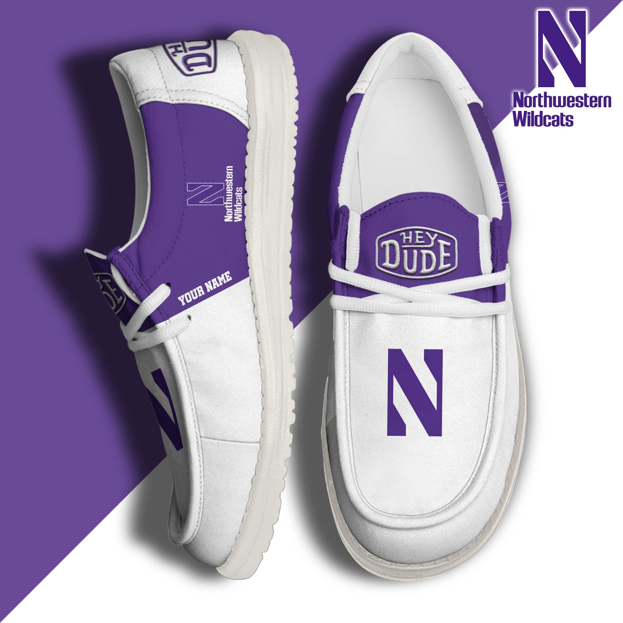 Northwestern Wildcats Hey Dude Canvas Loafer Shoes 2024 Version Custom Your Name, Sport Shoes For Football Fans, Sport Gifts ETRG-61842