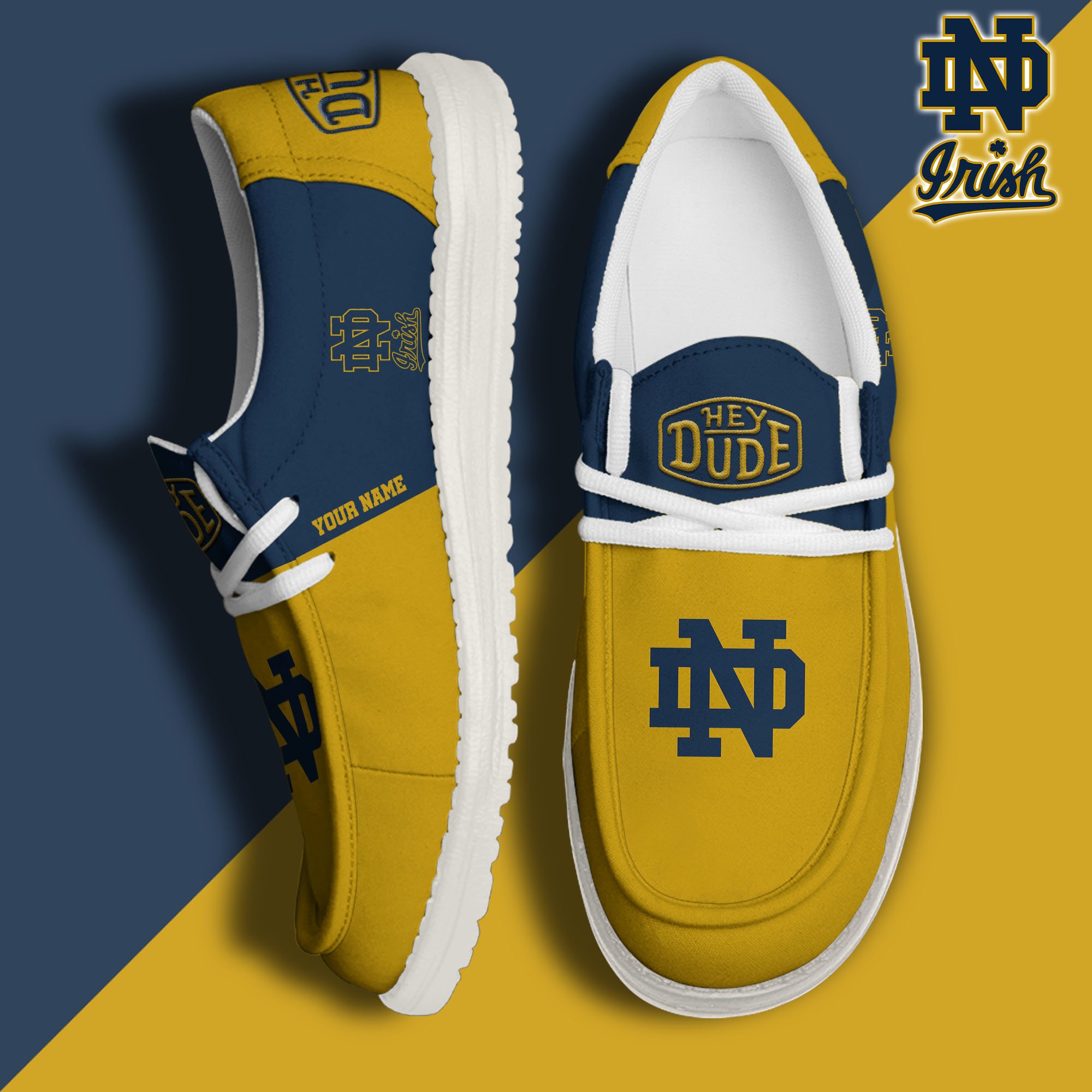 Notre Dame Fighting Irish Hey Dude Canvas Loafer Shoes 2024 Version Custom Your Name, Sport Shoes For Football Fans, Sport Gifts ETRG-61842