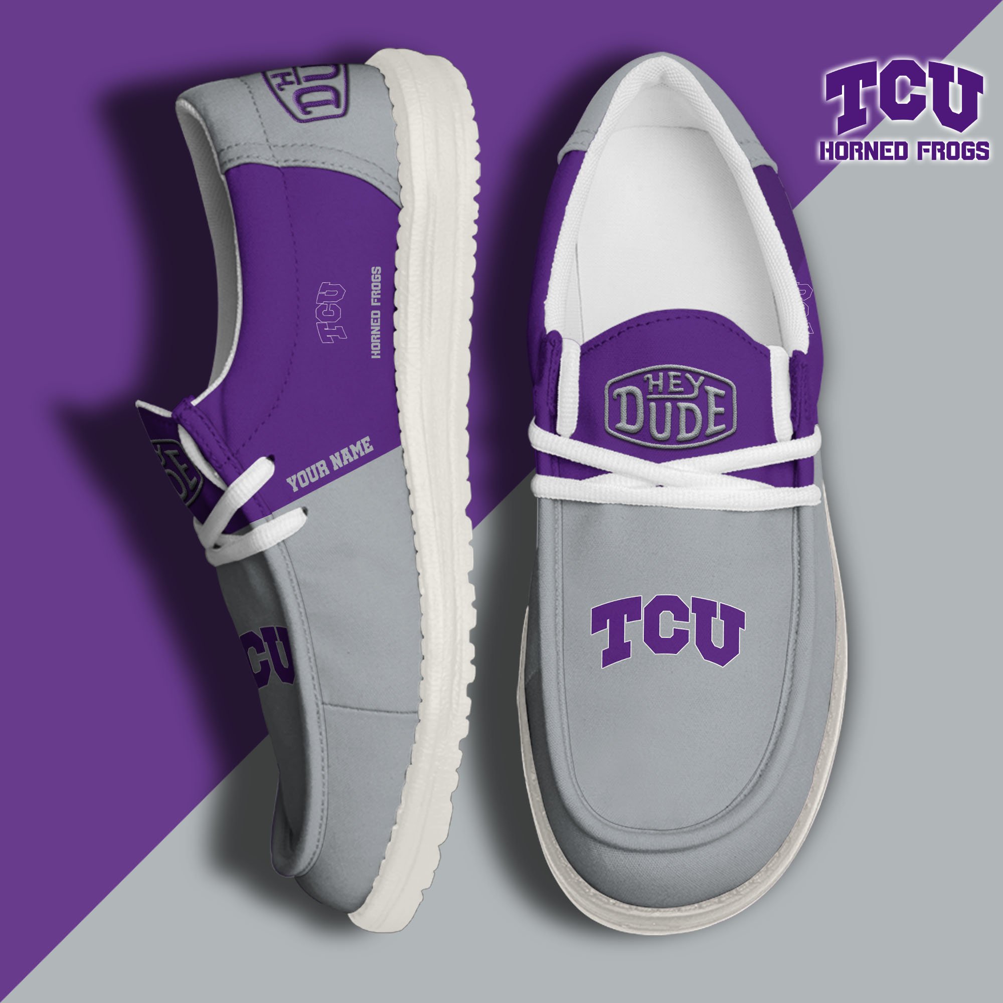 TCU Horned Frogs Hey Dude Canvas Loafer Shoes 2024 Version Custom Your Name, Sport Shoes For Football Fans, Sport Gifts ETRG-61842