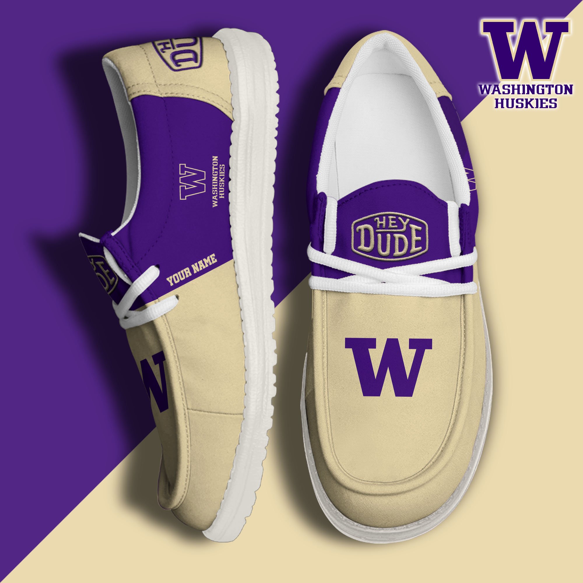 Washington Huskies Hey Dude Canvas Loafer Shoes 2024 Version Custom Your Name, Sport Shoes For Football Fans, Sport Gifts ETRG-61842