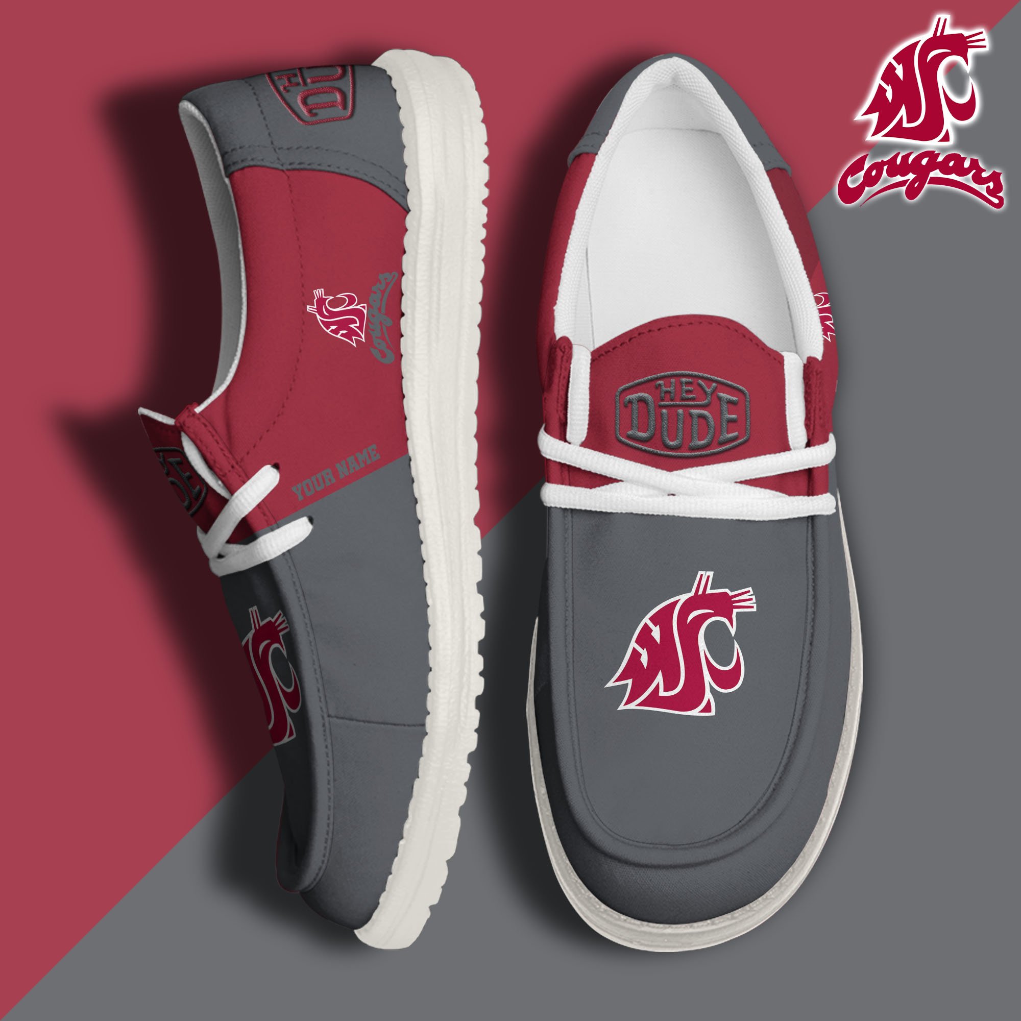 Washington State Cougars Hey Dude Canvas Loafer Shoes 2024 Version Custom Your Name, Sport Shoes For Football Fans, Sport Gifts ETRG-61842