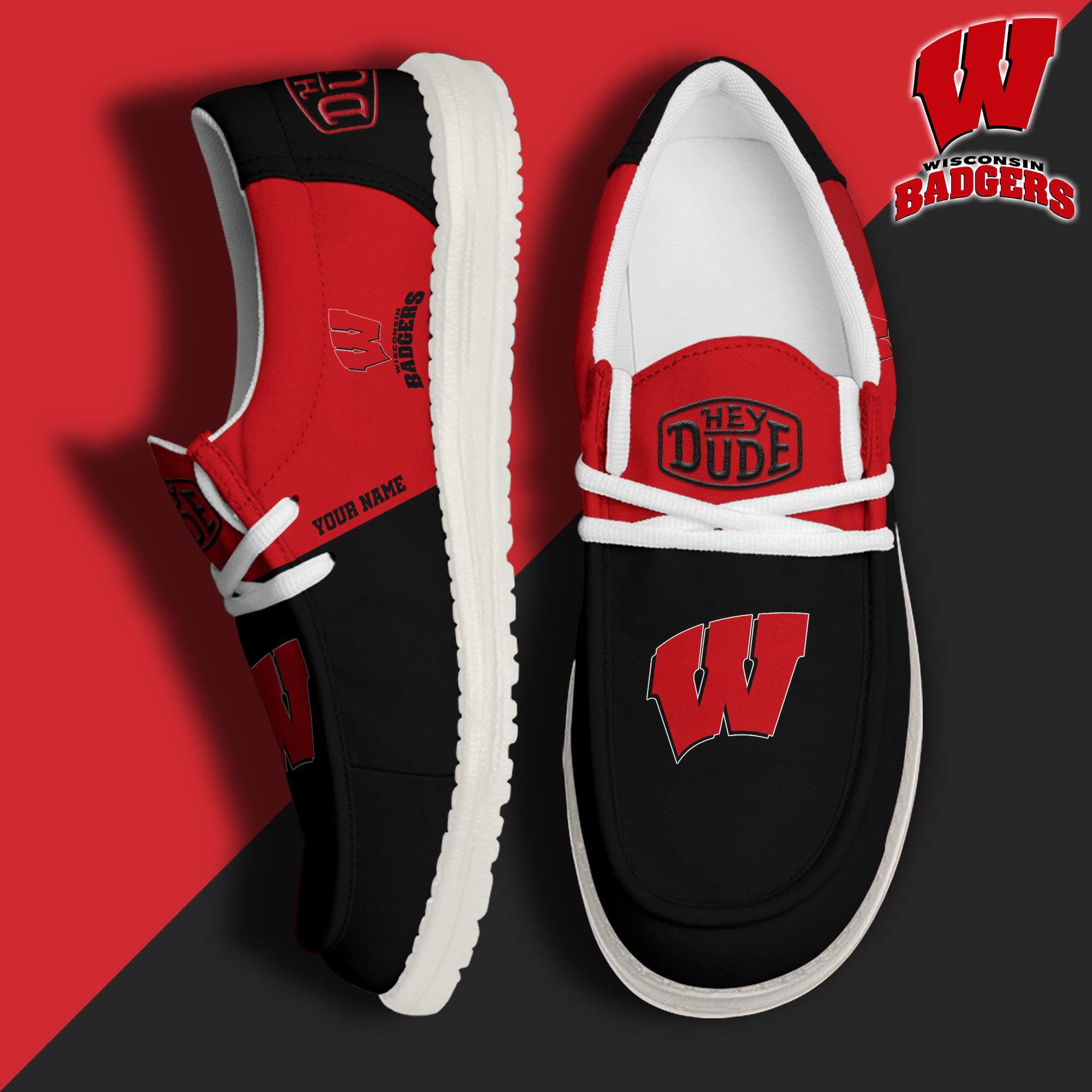 Wisconsin Badgers Hey Dude Canvas Loafer Shoes 2024 Version Custom Your Name, Sport Shoes For Football Fans, Sport Gifts ETRG-61842