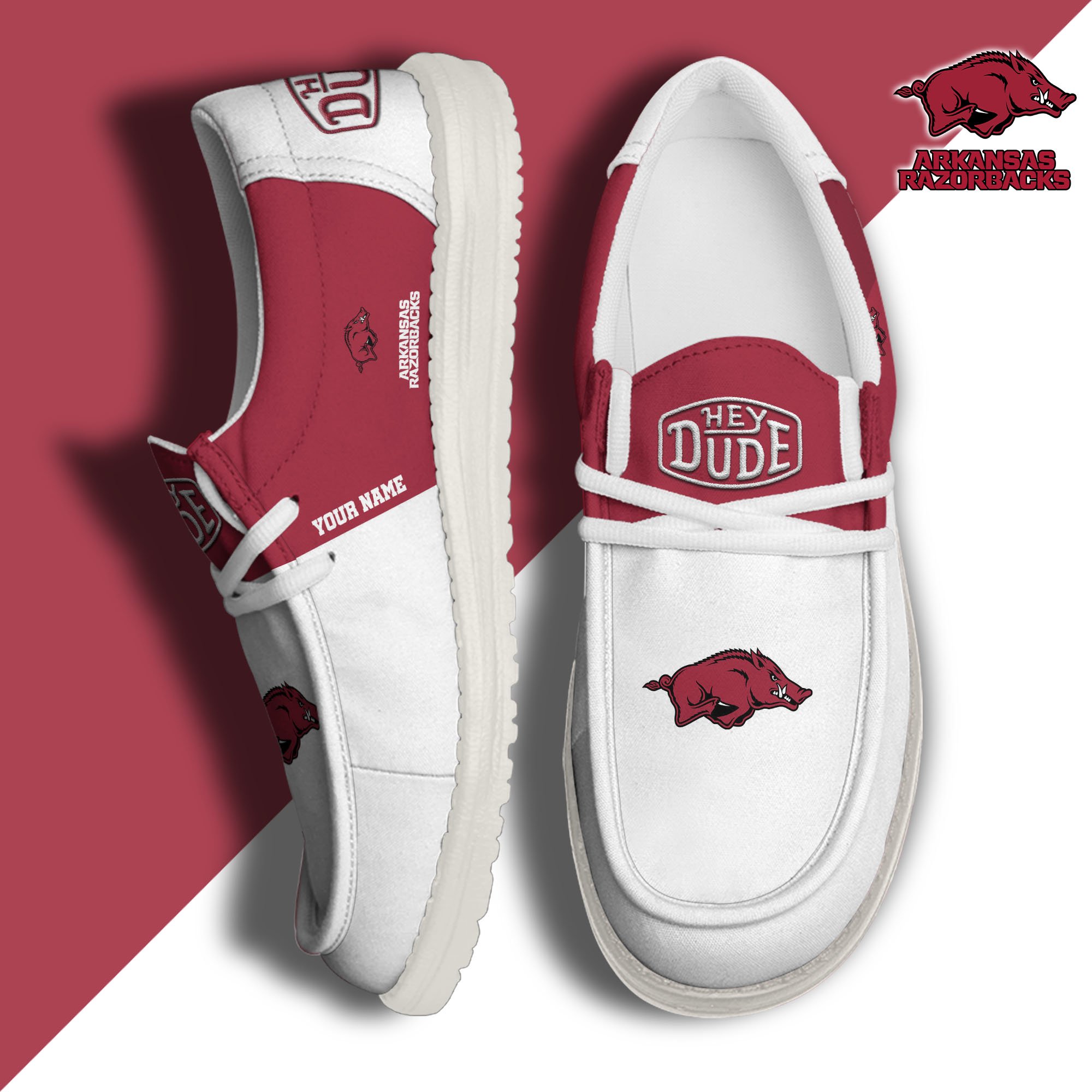 Arkansas Razorbacks Hey Dude Canvas Loafer Shoes 2024 Version Custom Your Name, Sport Shoes For Football Fans, Sport Gifts ETRG-61842