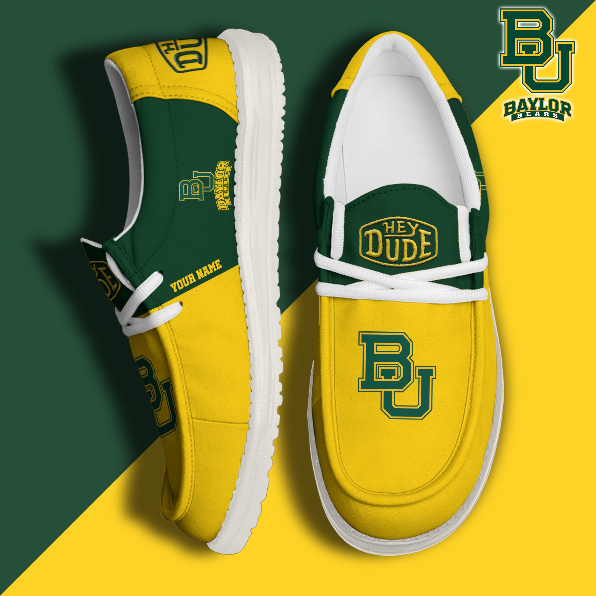 Baylor Bears Hey Dude Canvas Loafer Shoes 2024 Version Custom Your Name, Sport Shoes For Football Fans, Sport Gifts ETRG-61842