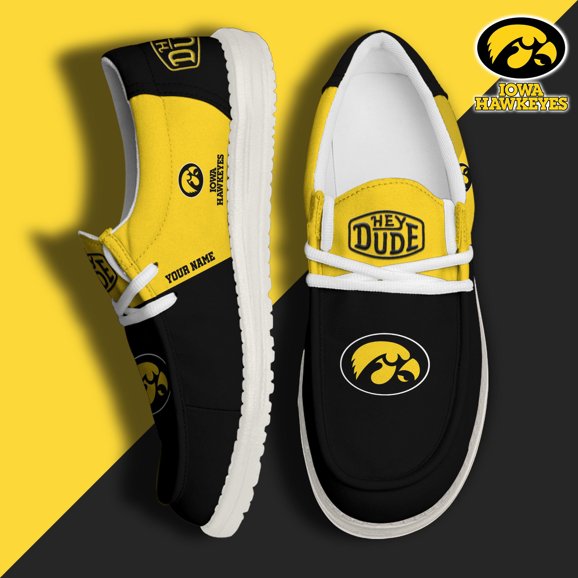 Iowa Hawkeyes Hey Dude Canvas Loafer Shoes 2024 Version Custom Your Name, Sport Shoes For Football Fans, Sport Gifts ETRG-61842