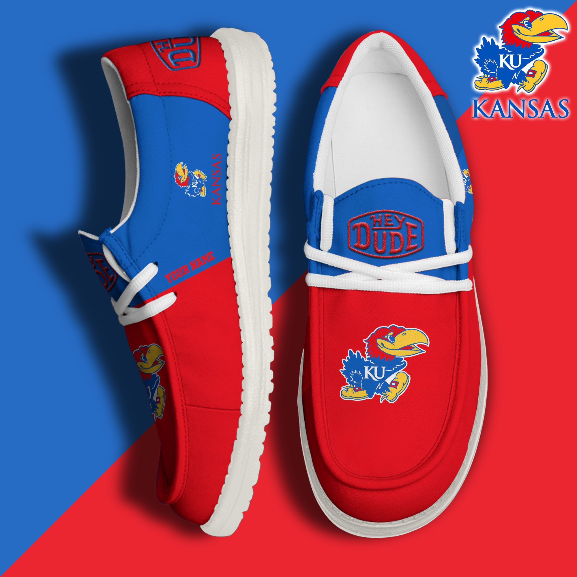 Kansas Jayhawks Hey Dude Canvas Loafer Shoes 2024 Version Custom Your Name, Sport Shoes For Football Fans, Sport Gifts ETRG-61842