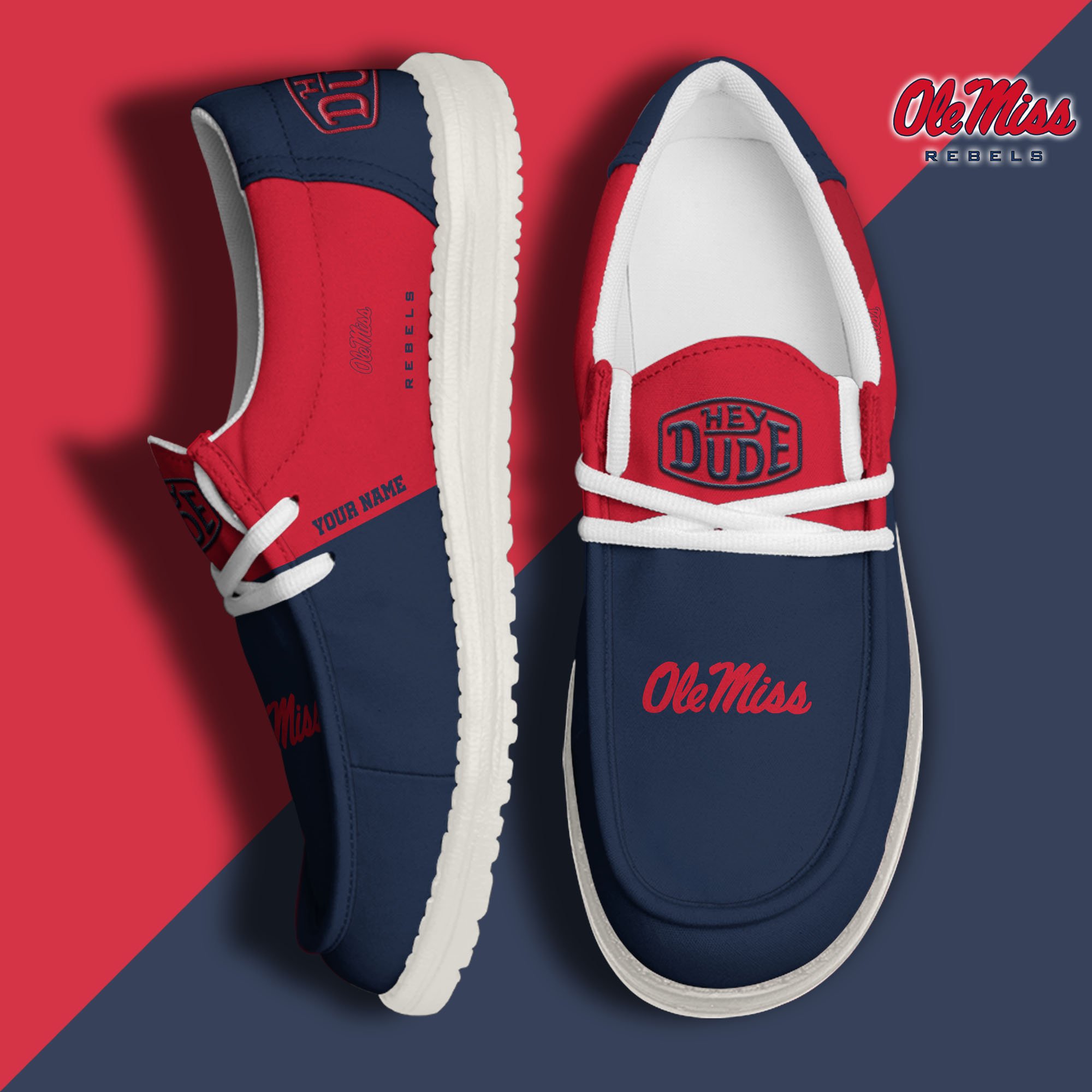 Ole Miss Rebels Hey Dude Canvas Loafer Shoes 2024 Version Custom Your Name, Sport Shoes For Football Fans, Sport Gifts ETRG-61842