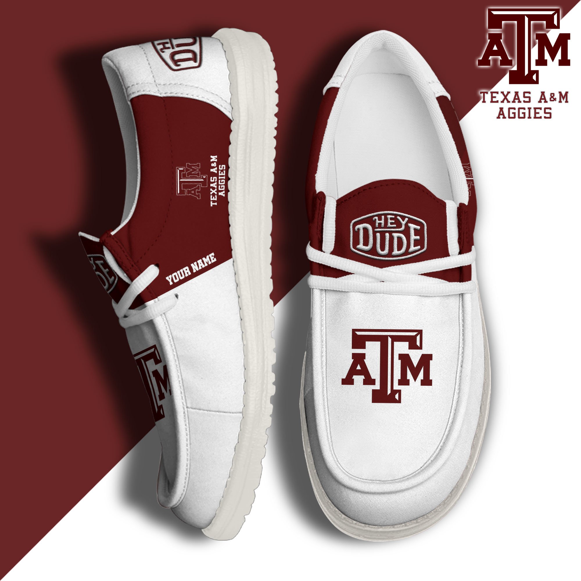 Texas A&M Aggies Hey Dude Canvas Loafer Shoes 2024 Version Custom Your Name, Sport Shoes For Football Fans, Sport Gifts ETRG-61842