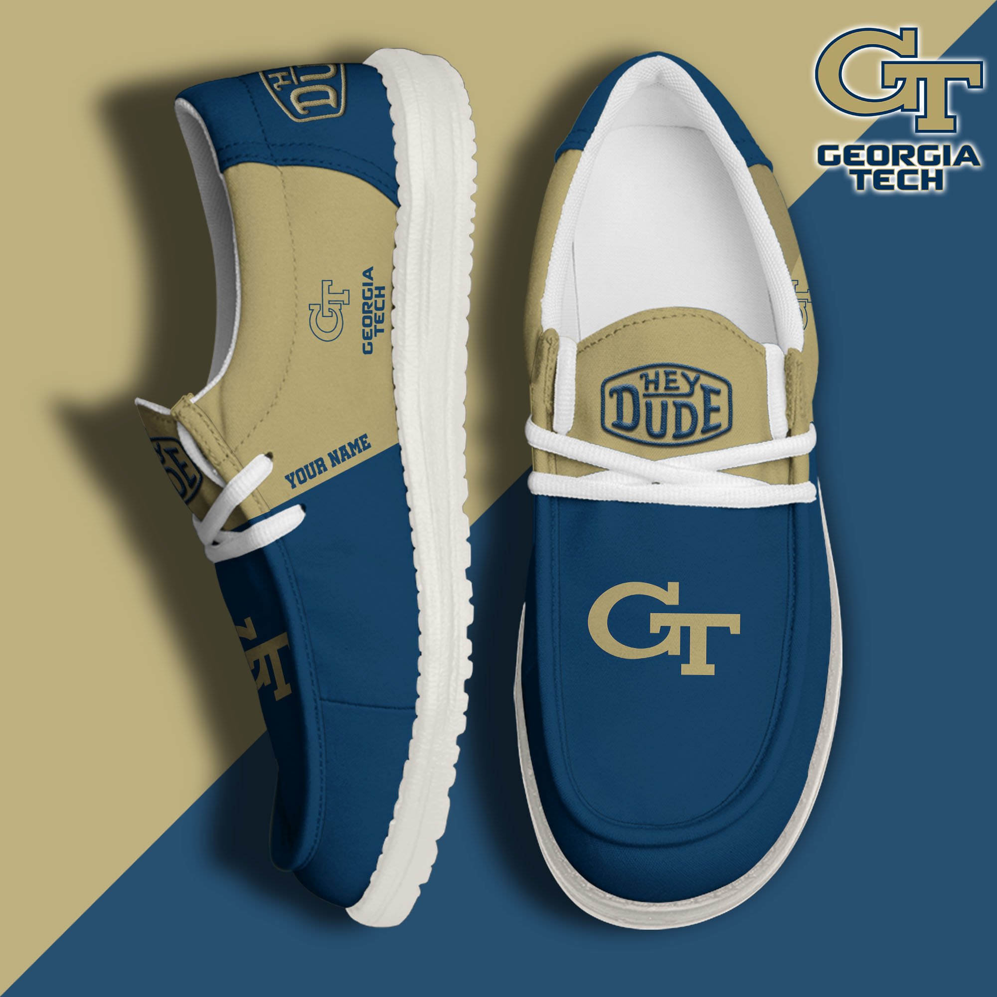 Georgia Tech Yellow Jackets Hey Dude Canvas Loafer Shoes 2024 Version Custom Your Name, Sport Shoes For Football Fans, Sport Gifts ETRG-61842