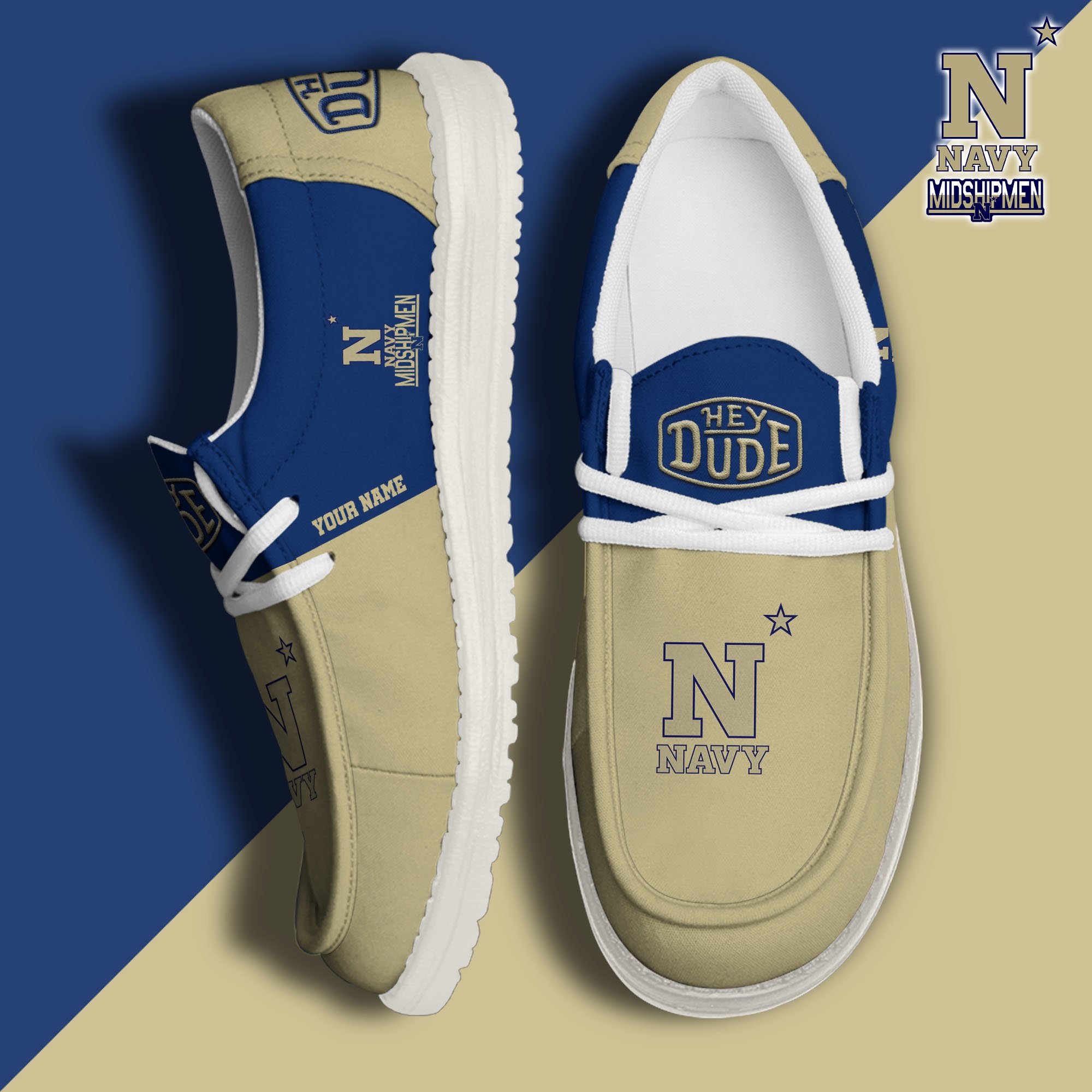 Navy Midshipmen Hey Dude Canvas Loafer Shoes 2024 Version Custom Your Name, Sport Shoes For Football Fans, Sport Gifts ETRG-61842