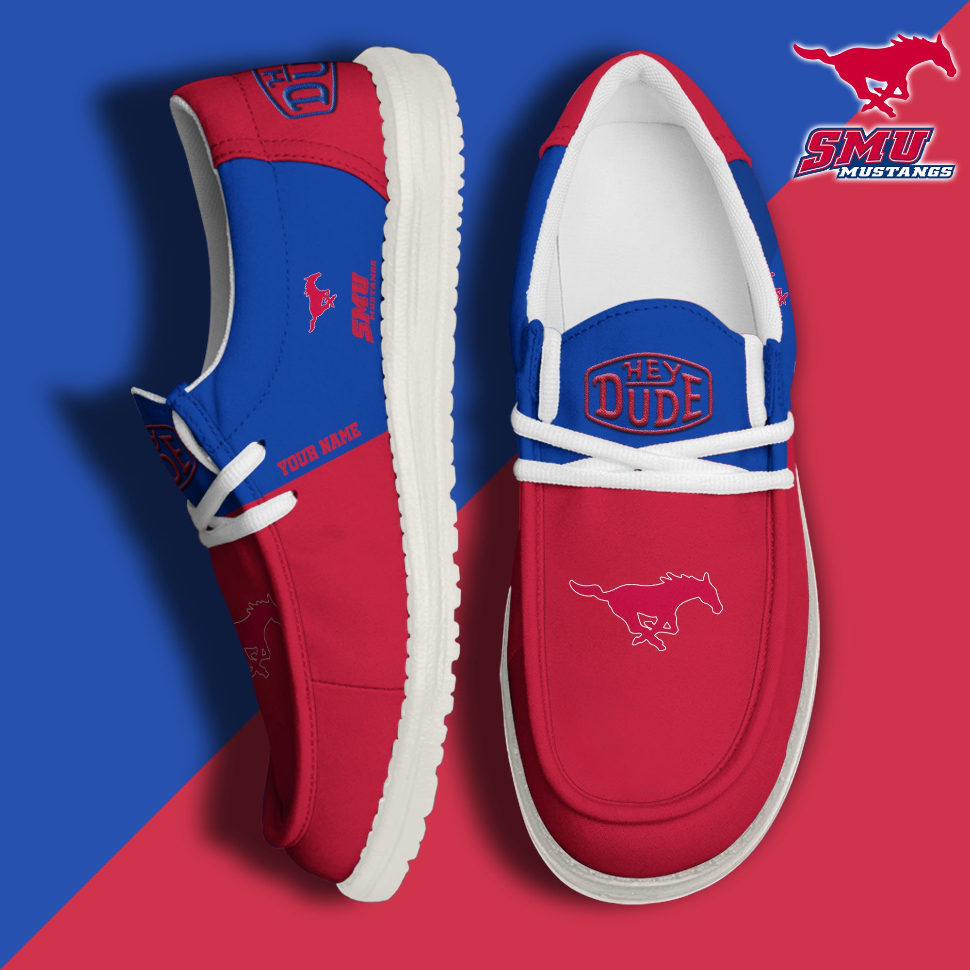 SMU Mustangs Hey Dude Canvas Loafer Shoes 2024 Version Custom Your Name, Sport Shoes For Football Fans, Sport Gifts ETRG-61842