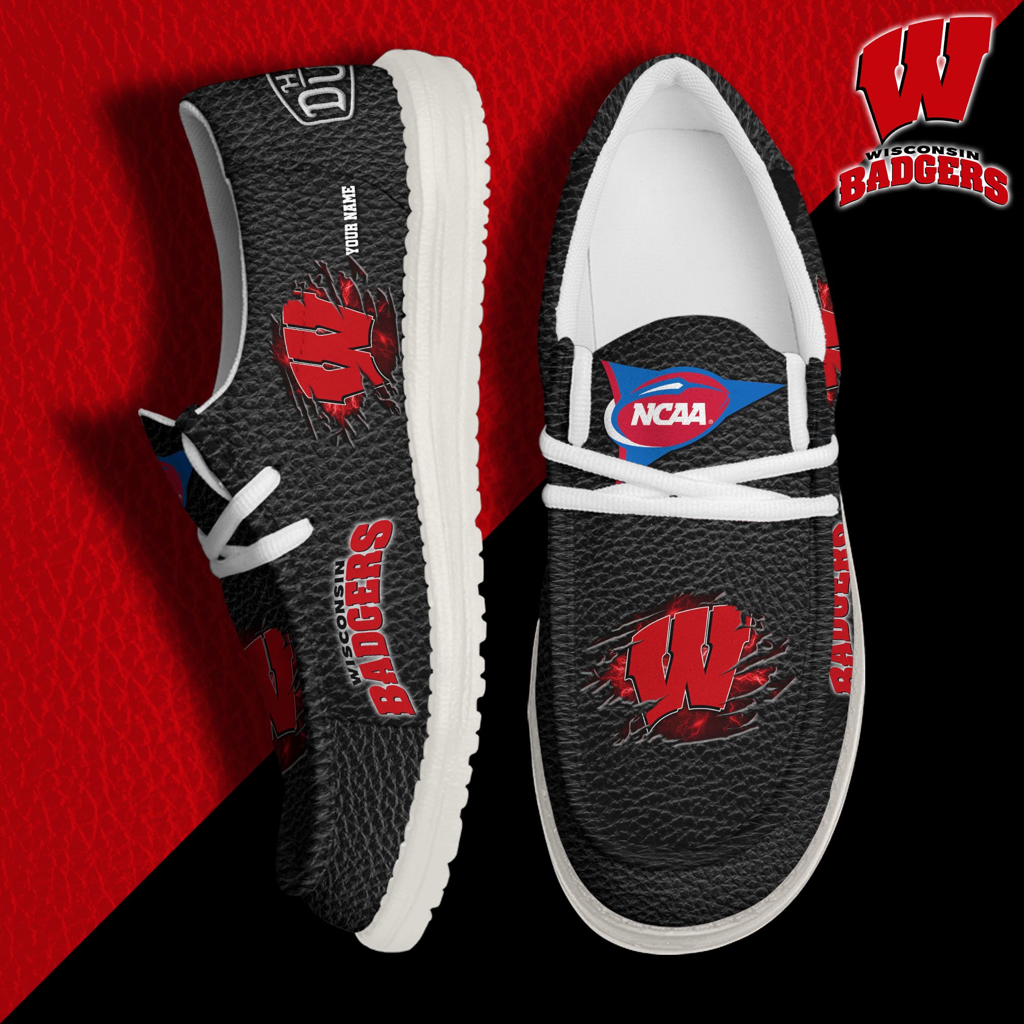 Wisconsin Badgers Hey Dude Canvas Loafer Shoes 2024 Version Custom Your Name, Sport Shoes For Lovers, Sport Team Shoes ETRG-61855