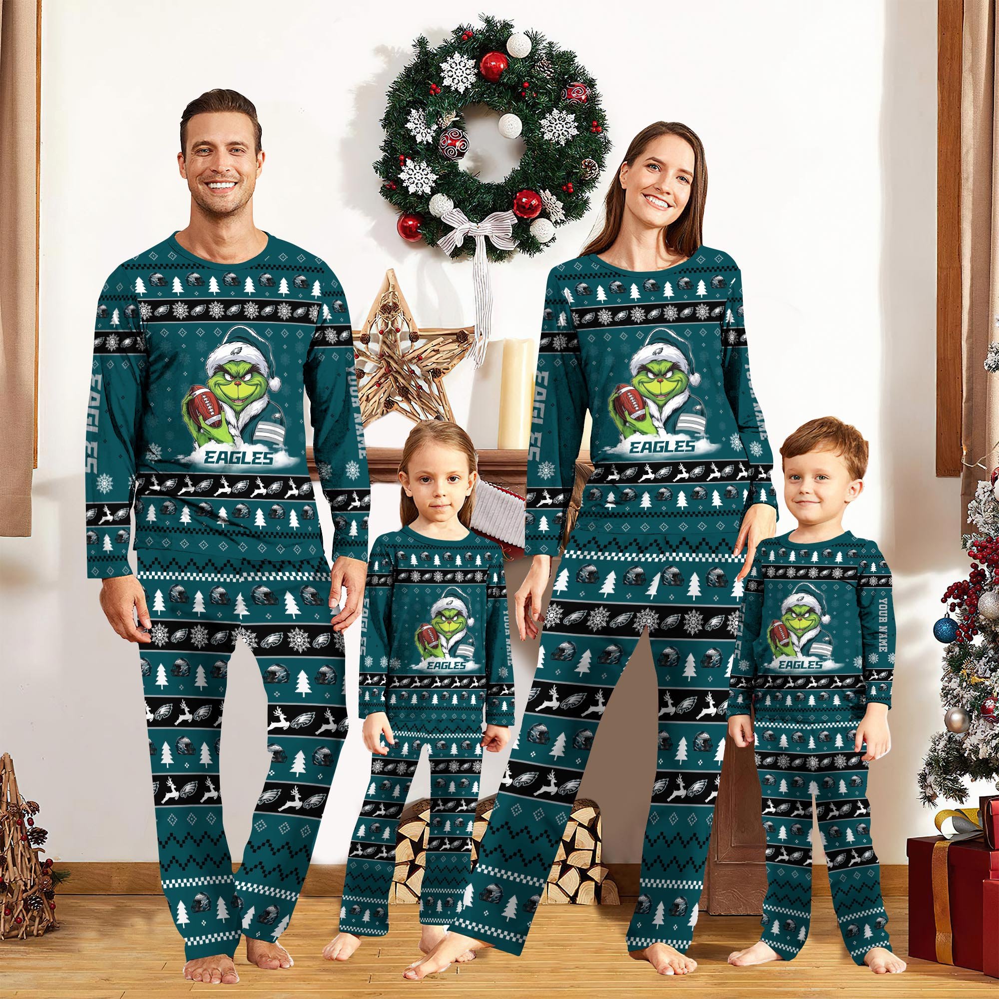 01 Philadelphia Eagles And Grinch Pajamas 2024 Version Custom Your Name, Family Pajamas Set, Sport Pajamas, Christmas Gifts, Gifts For Kids ETRG-61819