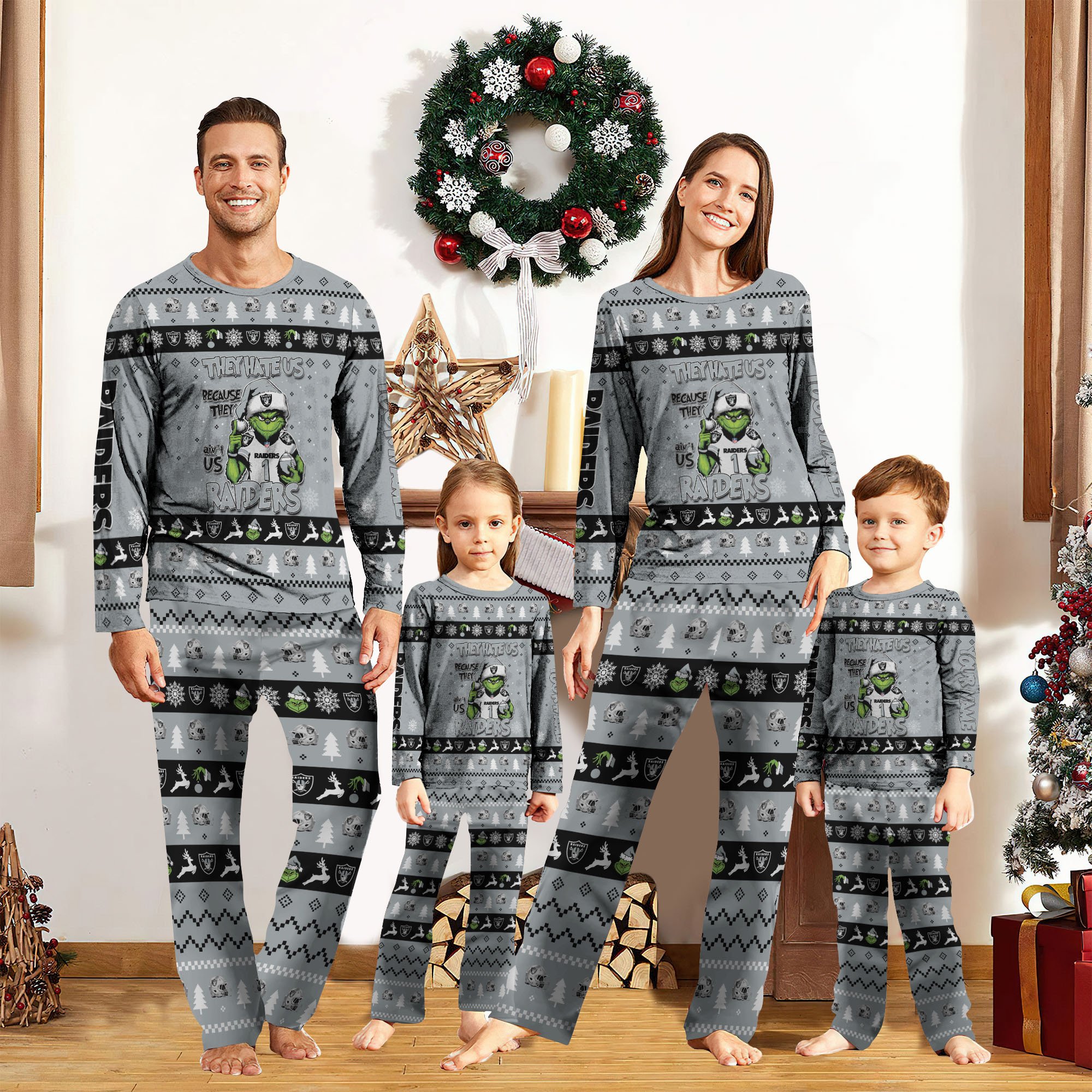 01 Las Vegas Raiders And Grinch Pajamas 2024 Version Custom Your Name, Family Pajamas, Sport Pajamas, Gifts For Christmas, Gifts For Kids ETRG-61820