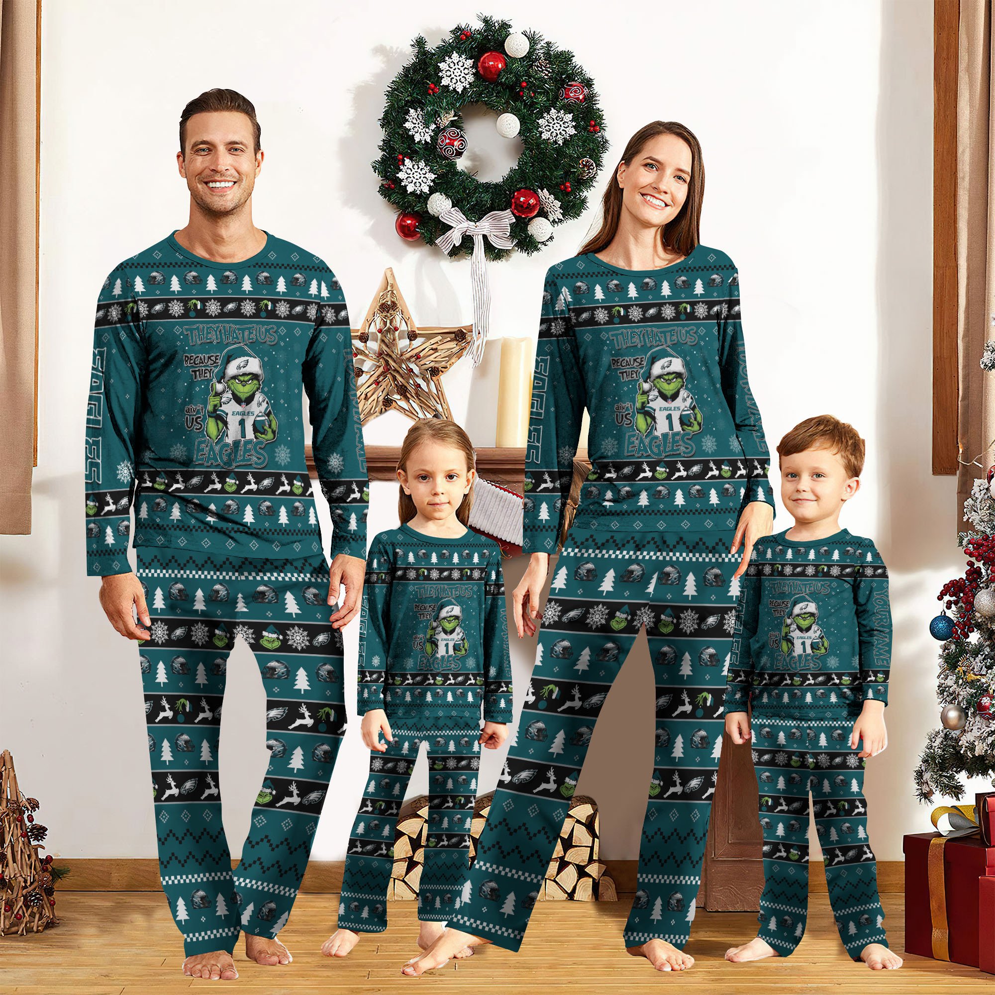 01 Philadelphia Eagles And Grinch Pajamas 2024 Version Custom Your Name, Family Pajamas, Sport Pajamas, Gifts For Christmas, Gifts For Kids ETRG-61820