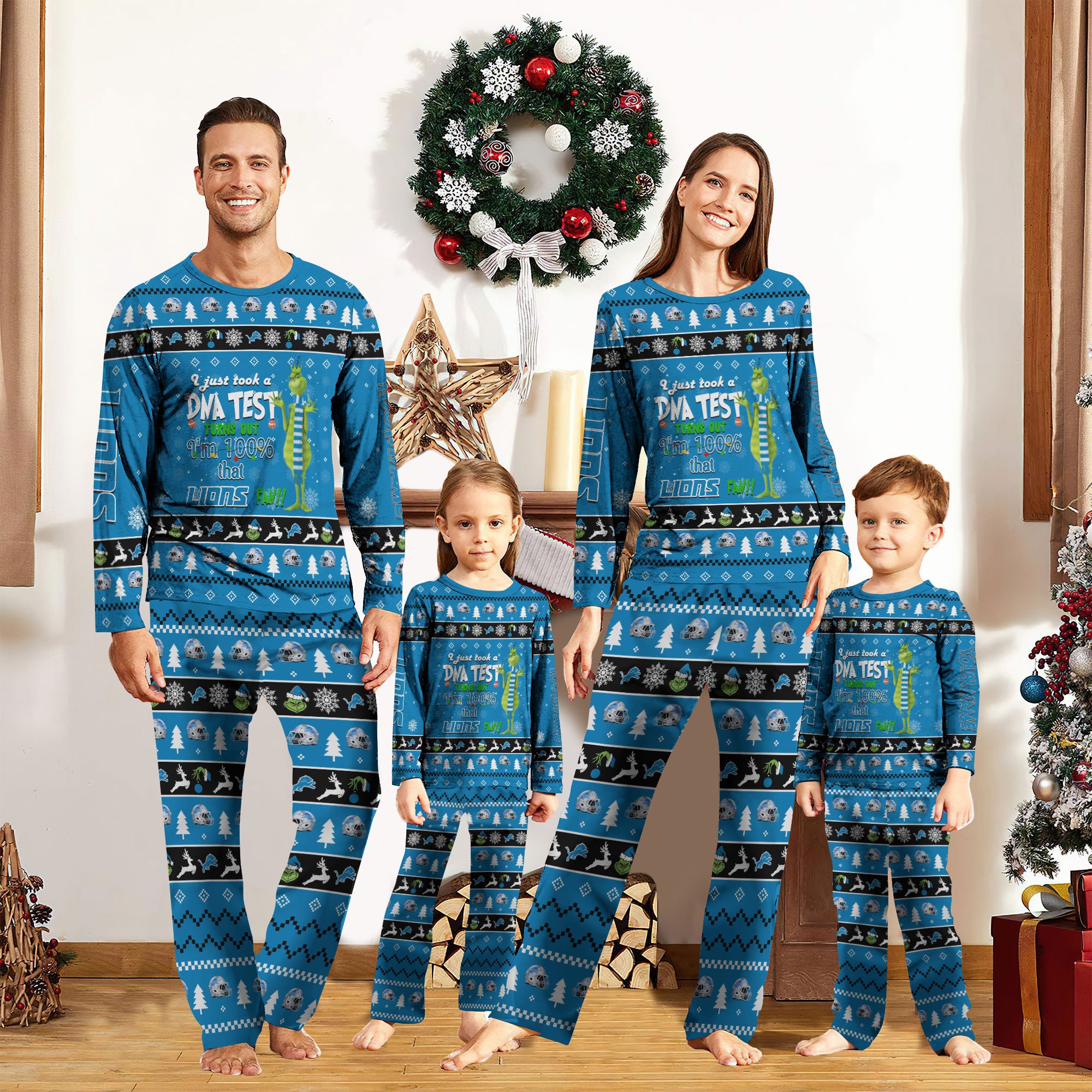 Detroit Lions And Grinch Pajamas 2024 Version Custom Your Name, Family Pajamas Set, Christmas Pajamas, Sport Gifts For Fans, Gifts For Kids ETRG-62055