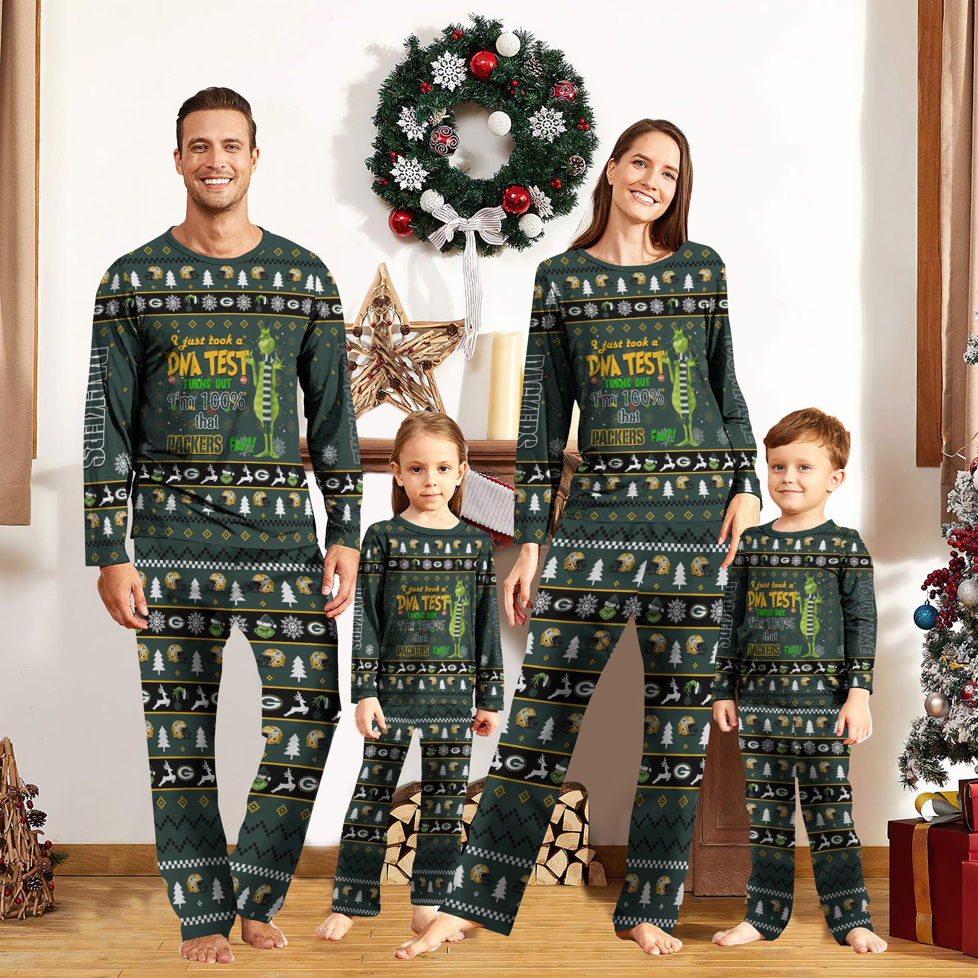 Green Bay Packers And Grinch Pajamas 2024 Version Custom Your Name, Family Pajamas Set, Christmas Pajamas, Sport Gifts For Fans, Gifts For Kids ETRG-62055