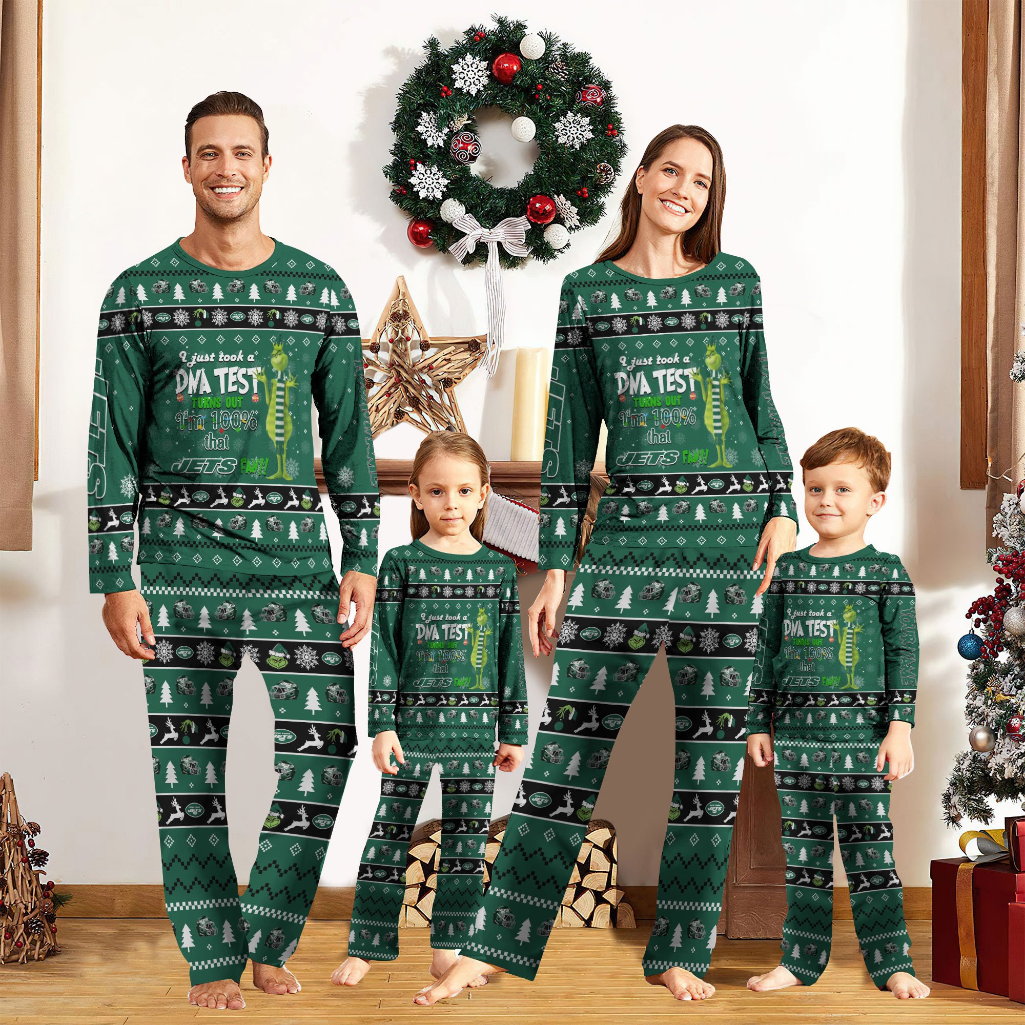 New York Jets And Grinch Pajamas 2024 Version Custom Your Name, Family Pajamas Set, Christmas Pajamas, Sport Gifts For Fans, Gifts For Kids ETRG-62055