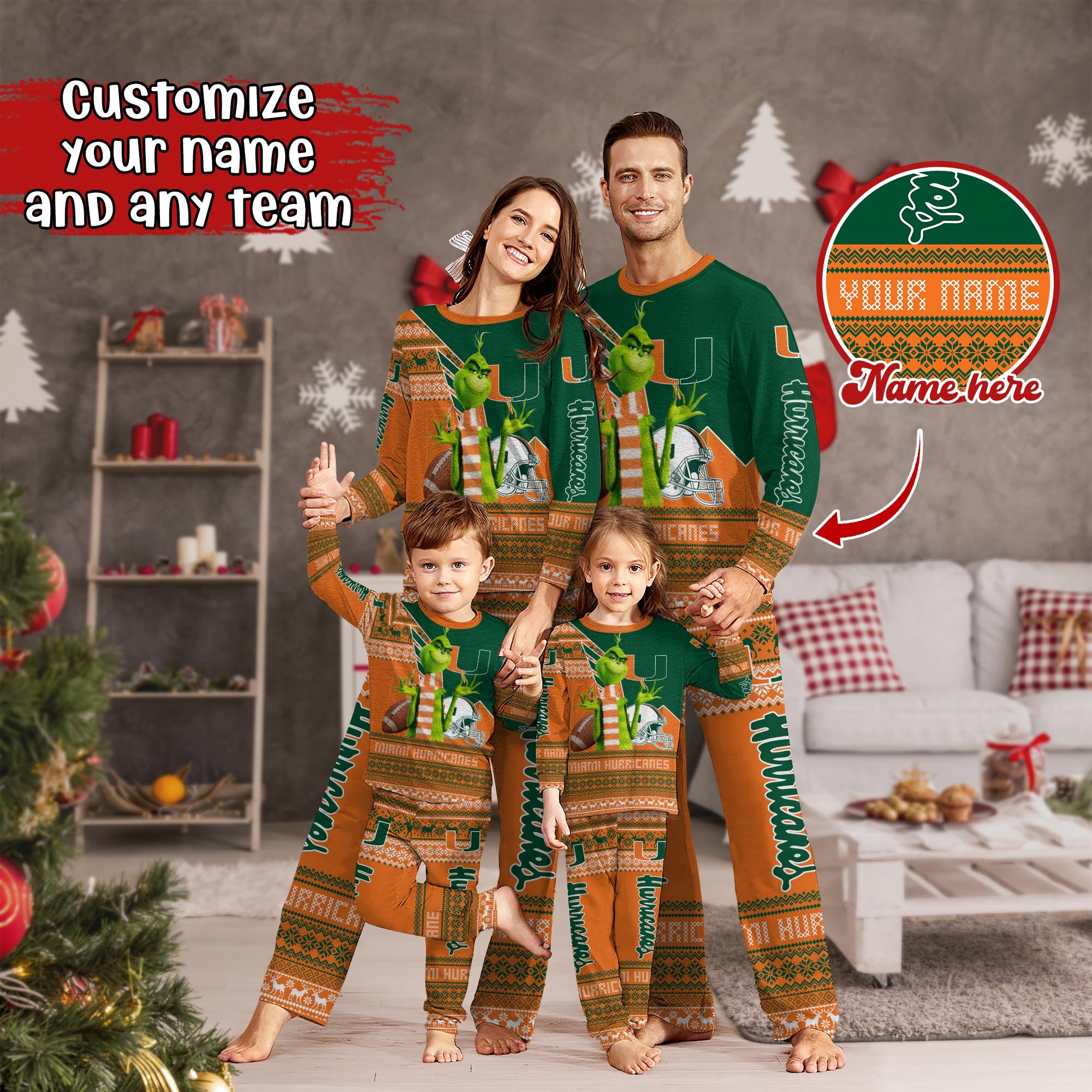 Miami Hurricanes Xmas Pajamas For Sport Family, Custom Sport PJ For This Season NA44974