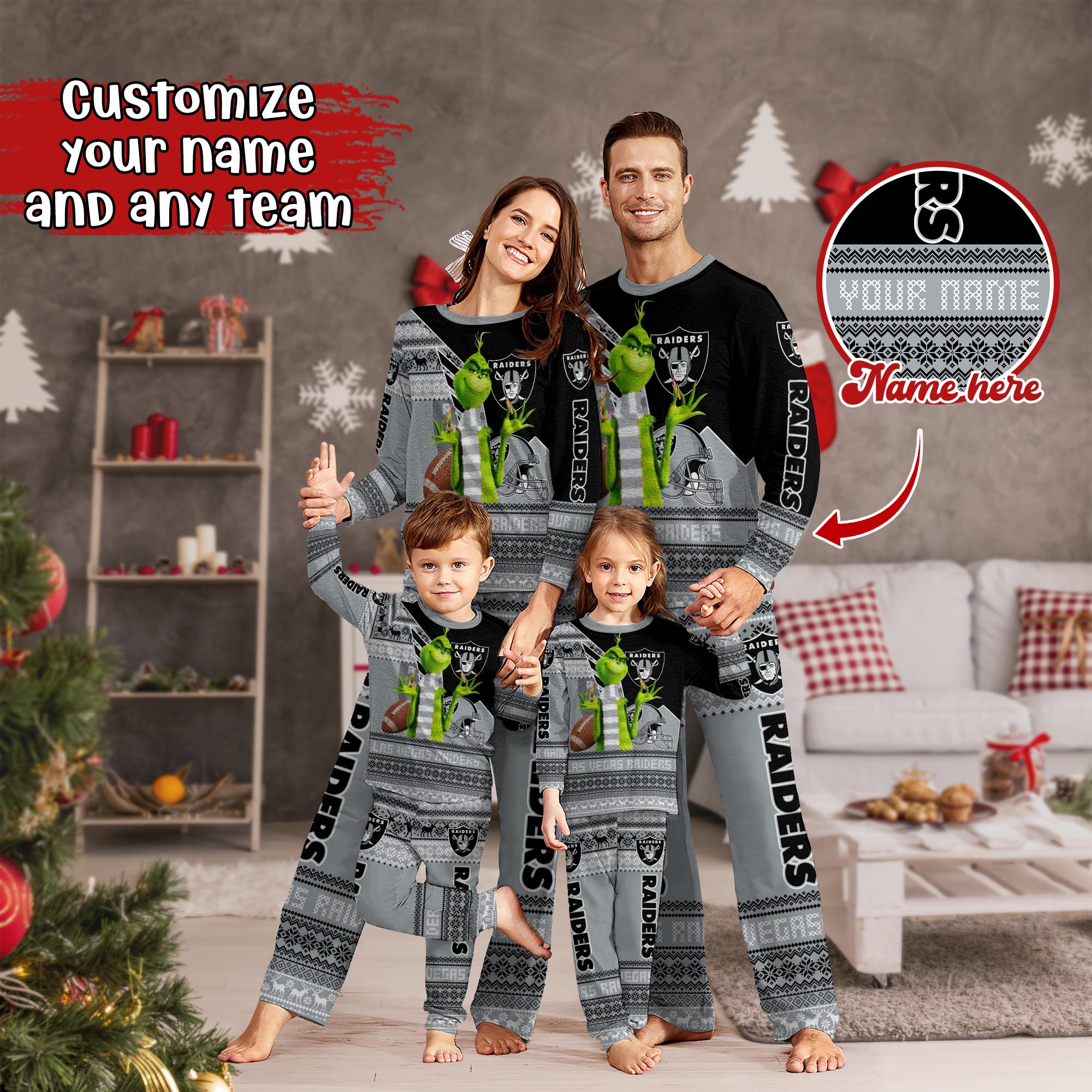 Las Vegas Raiders Xmas Pajamas For Sport Family, Custom Sport PJ For This Season NA44974