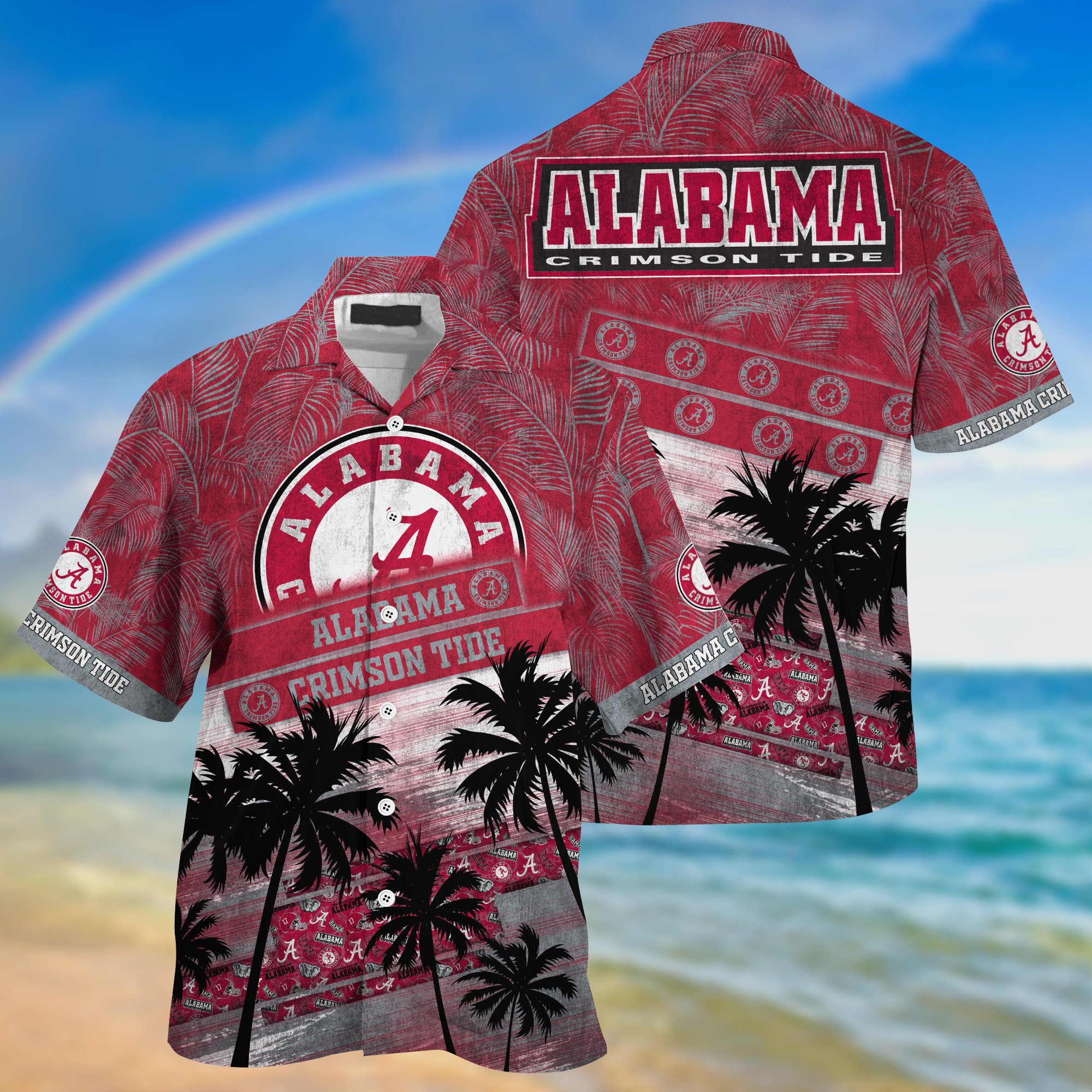 Alabama Crimson Tide Palm Tree Pattern Hawaii Shirt For Sports Fans, Custom Sport Hawaii Shirt NA32896