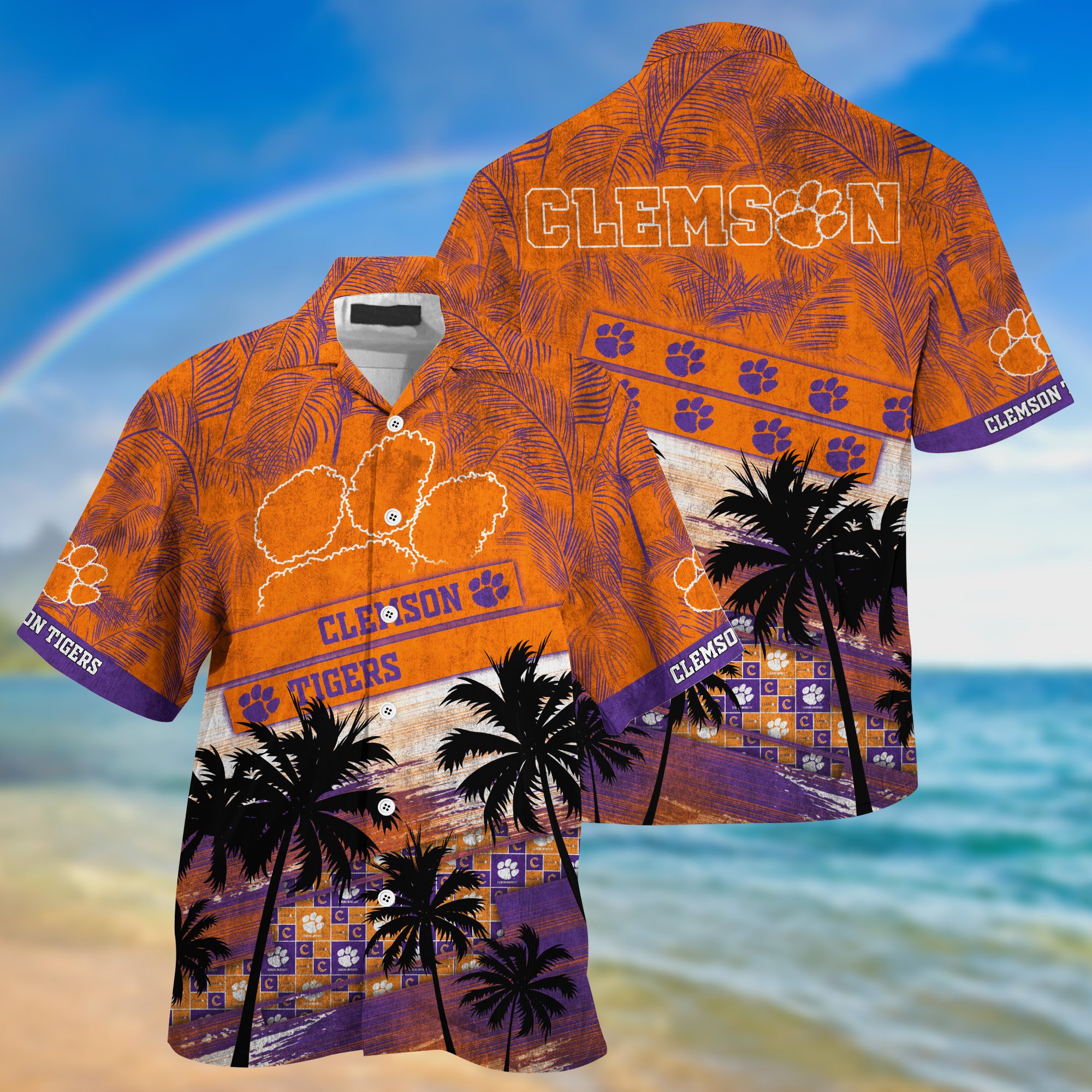 Clemson Tigers Palm Tree Pattern Hawaii Shirt For Sports Fans, Custom Sport Hawaii Shirt NA32896