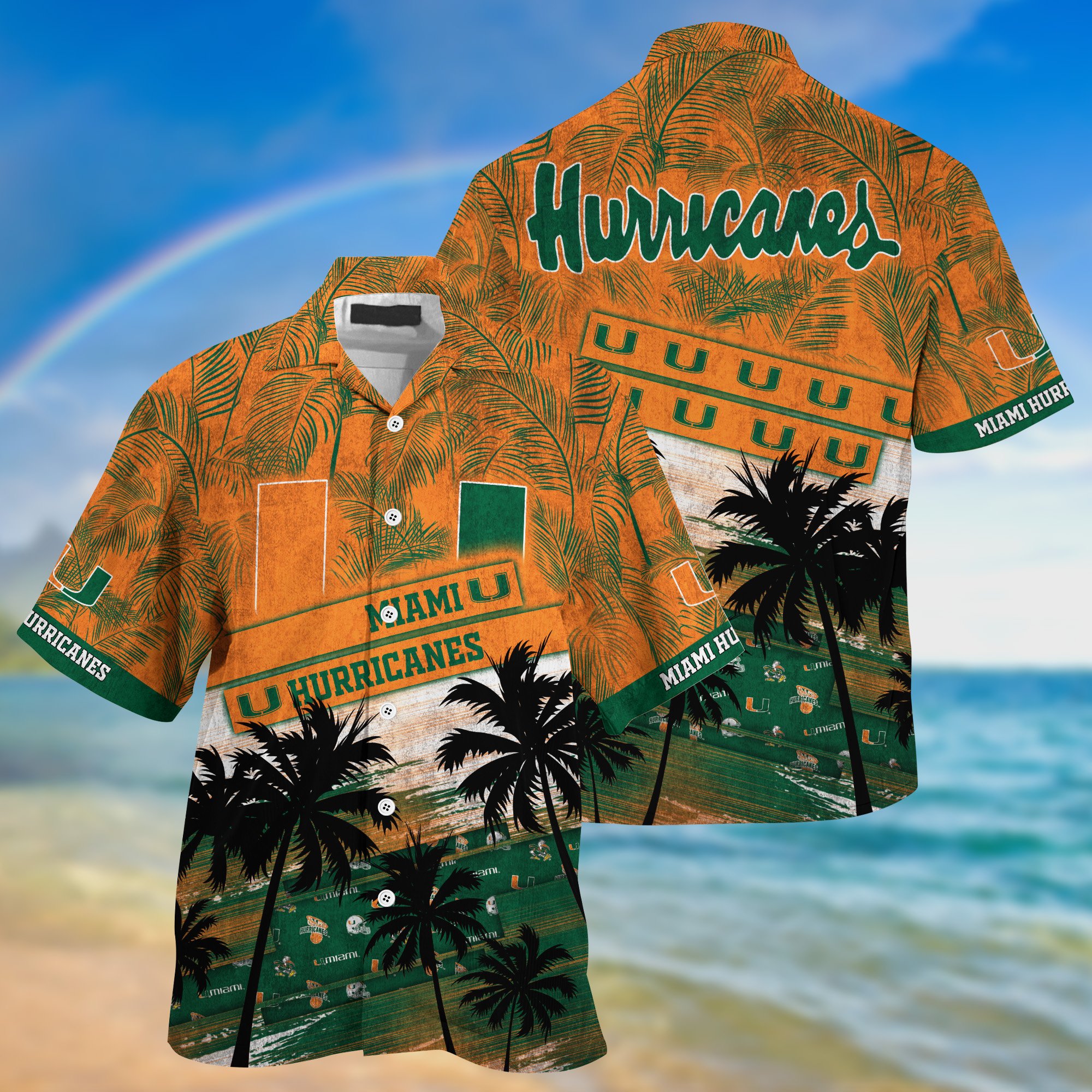 Miami Hurricanes Palm Tree Pattern Hawaii Shirt For Sports Fans, Custom Sport Hawaii Shirt NA32896