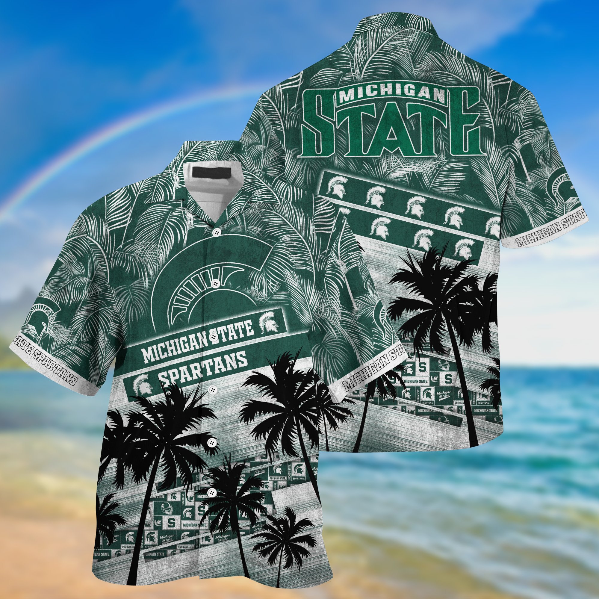 Michigan State Spartans Palm Tree Pattern Hawaii Shirt For Sports Fans, Custom Sport Hawaii Shirt NA32896