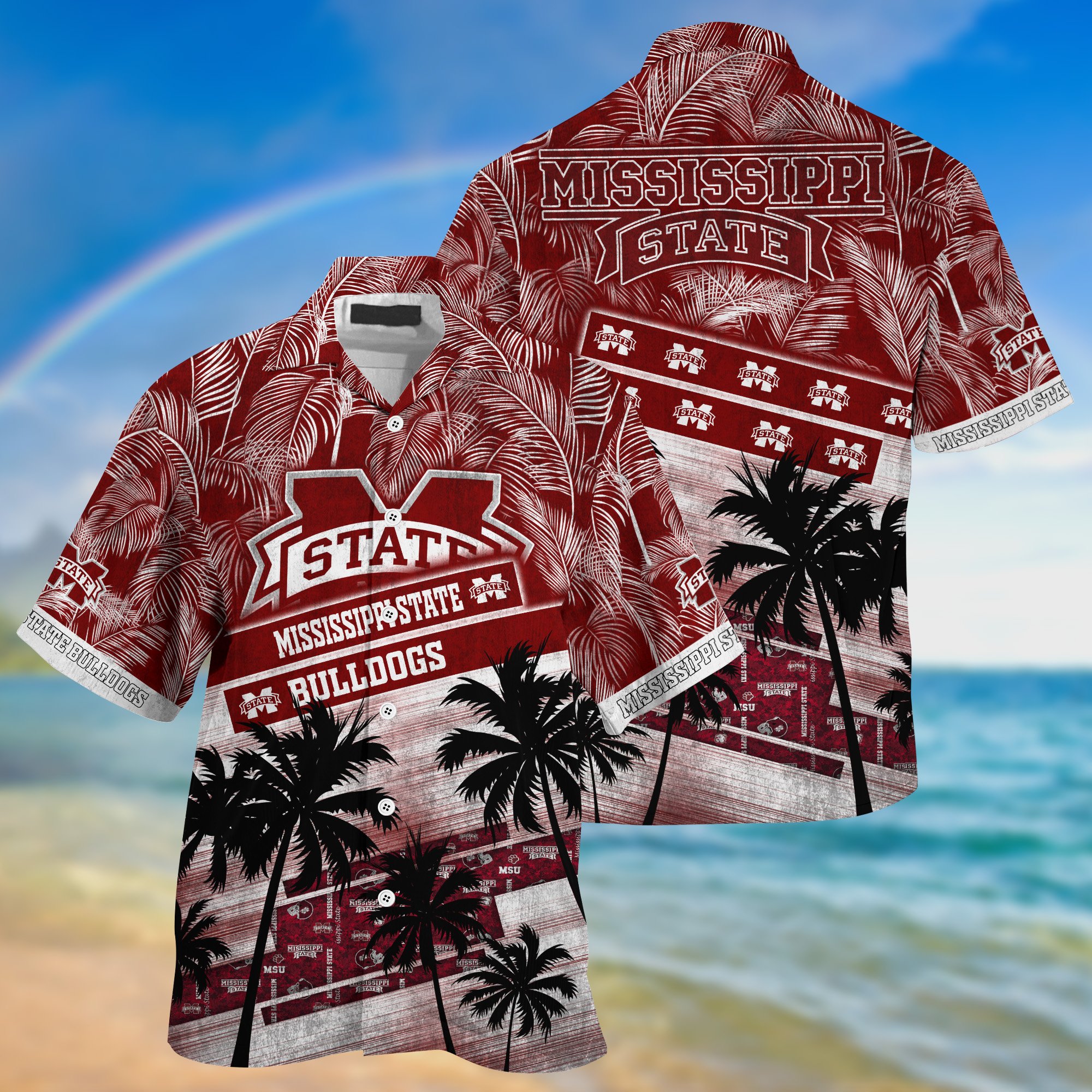 Mississippi State Bulldogs Palm Tree Pattern Hawaii Shirt For Sports Fans, Custom Sport Hawaii Shirt NA32896