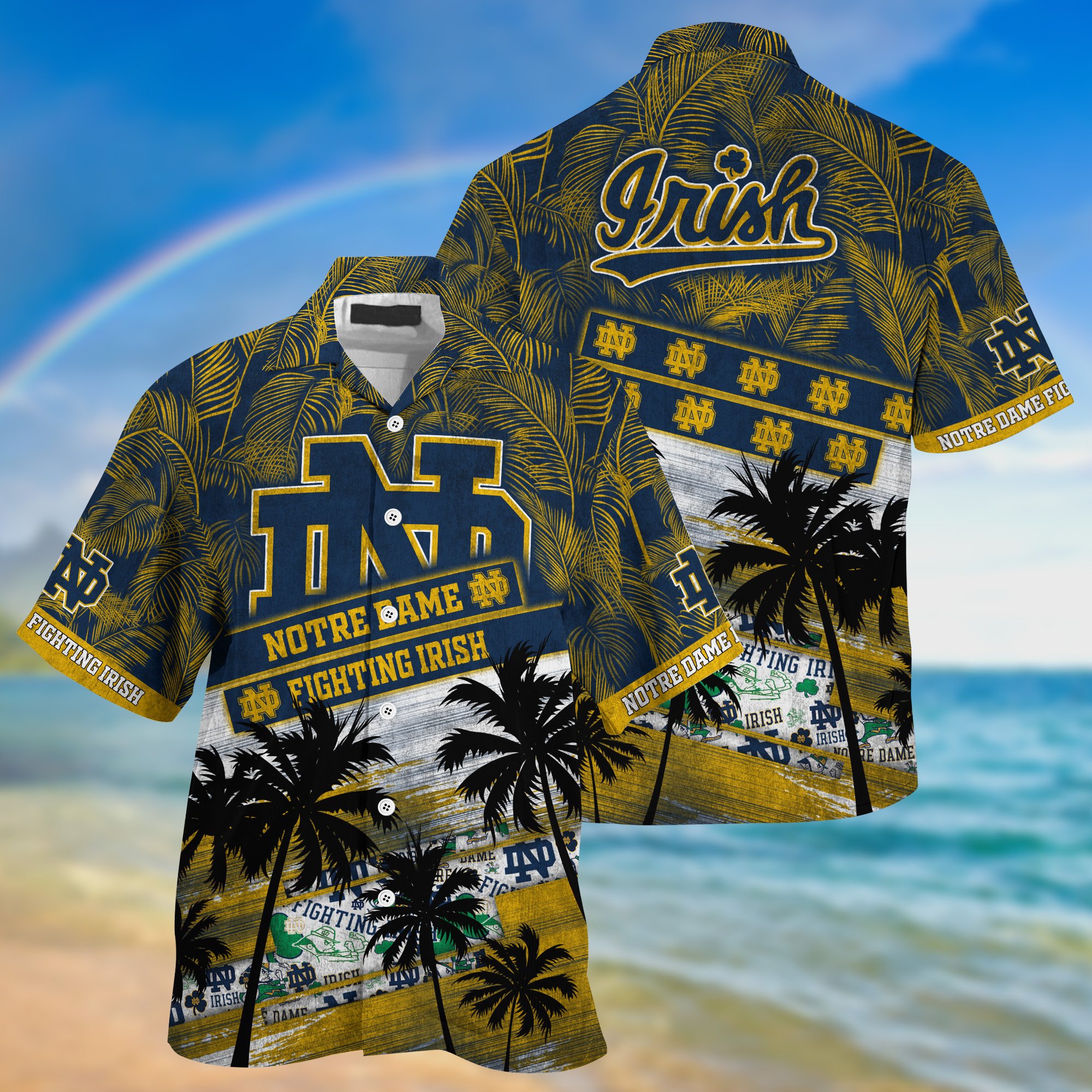 Notre Dame Fighting Irish Palm Tree Pattern Hawaii Shirt For Sports Fans, Custom Sport Hawaii Shirt NA32896