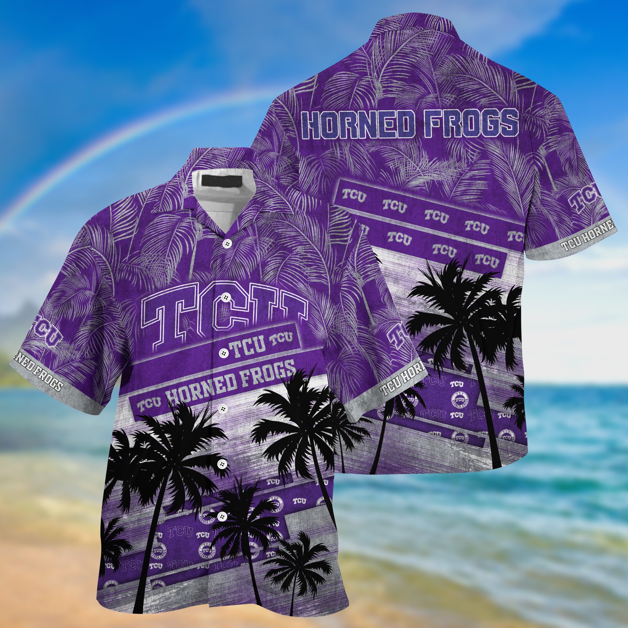 TCU Horned Frogs Palm Tree Pattern Hawaii Shirt For Sports Fans, Custom Sport Hawaii Shirt NA32896