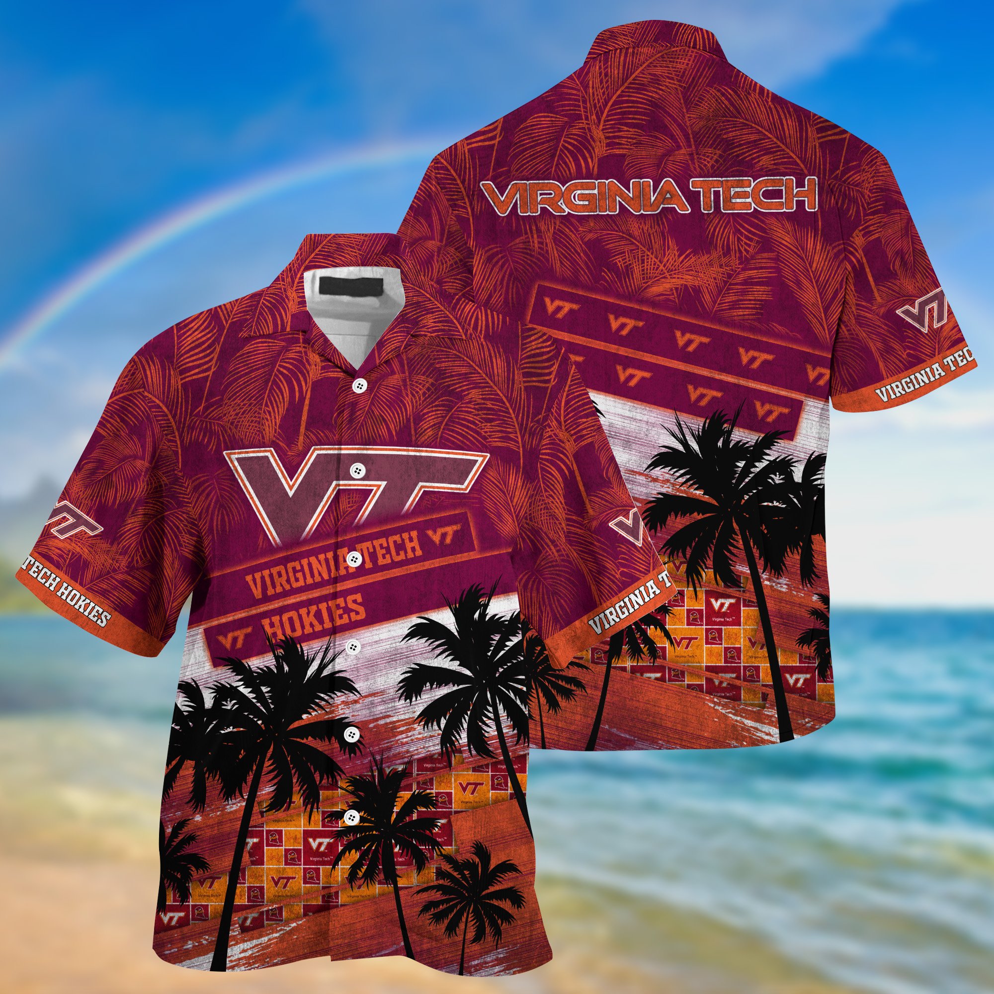 Virginia Tech Hokies Palm Tree Pattern Hawaii Shirt For Sports Fans, Custom Sport Hawaii Shirt NA32896