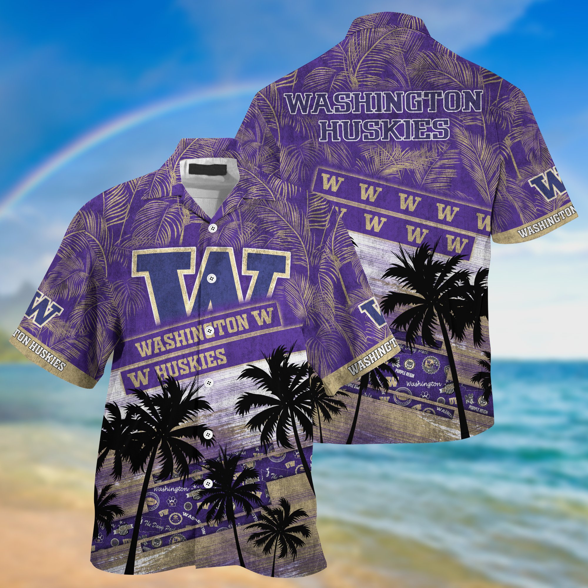 Washington Huskies Palm Tree Pattern Hawaii Shirt For Sports Fans, Custom Sport Hawaii Shirt NA32896