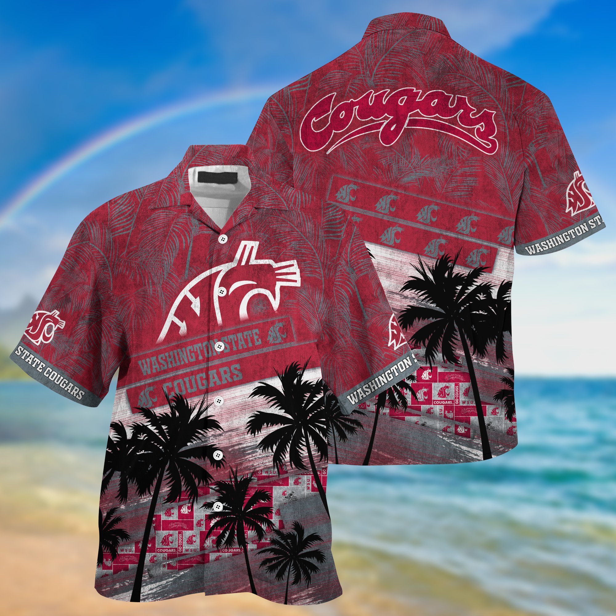 Washington State Cougars Palm Tree Pattern Hawaii Shirt For Sports Fans, Custom Sport Hawaii Shirt NA32896