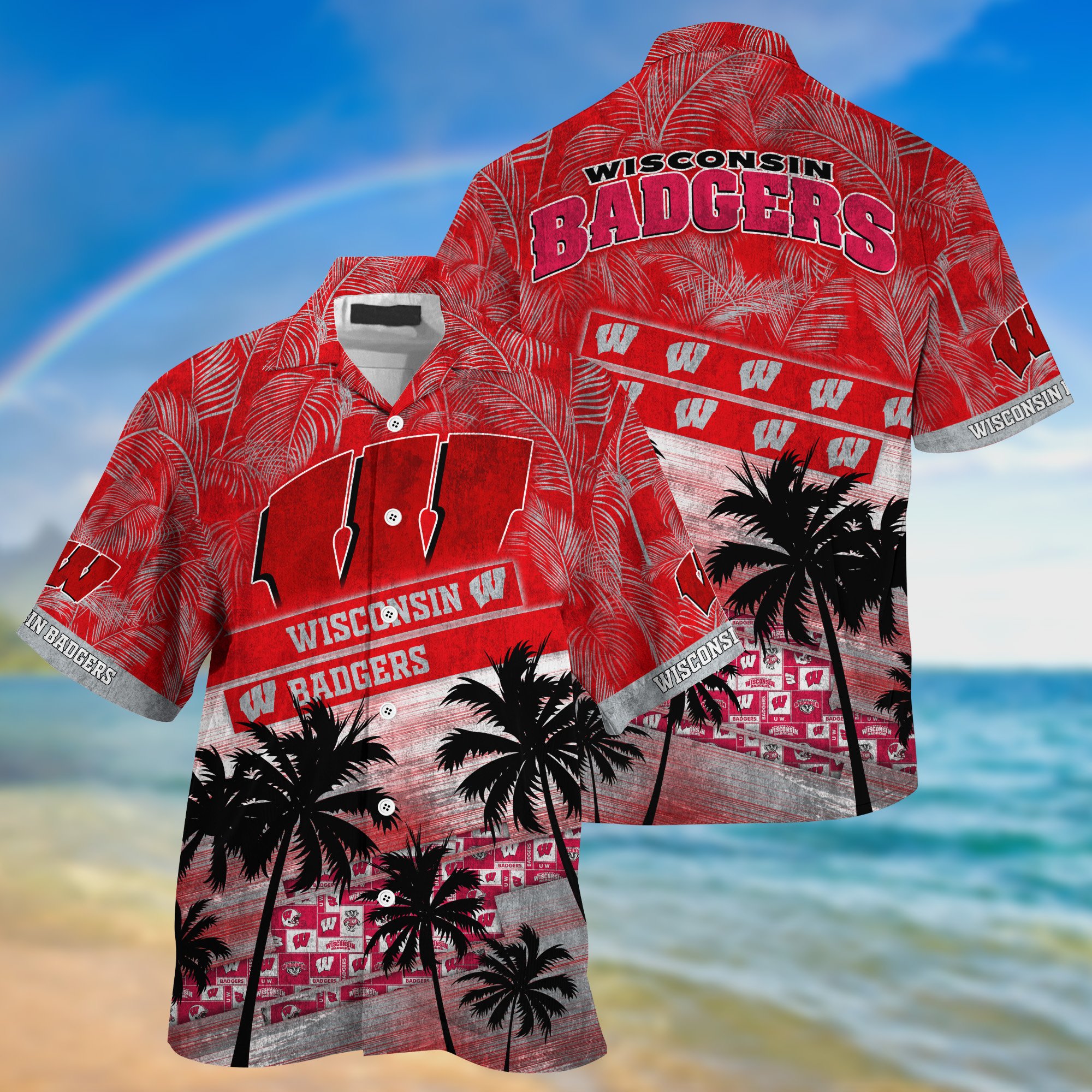 Wisconsin Badgers Palm Tree Pattern Hawaii Shirt For Sports Fans, Custom Sport Hawaii Shirt NA32896