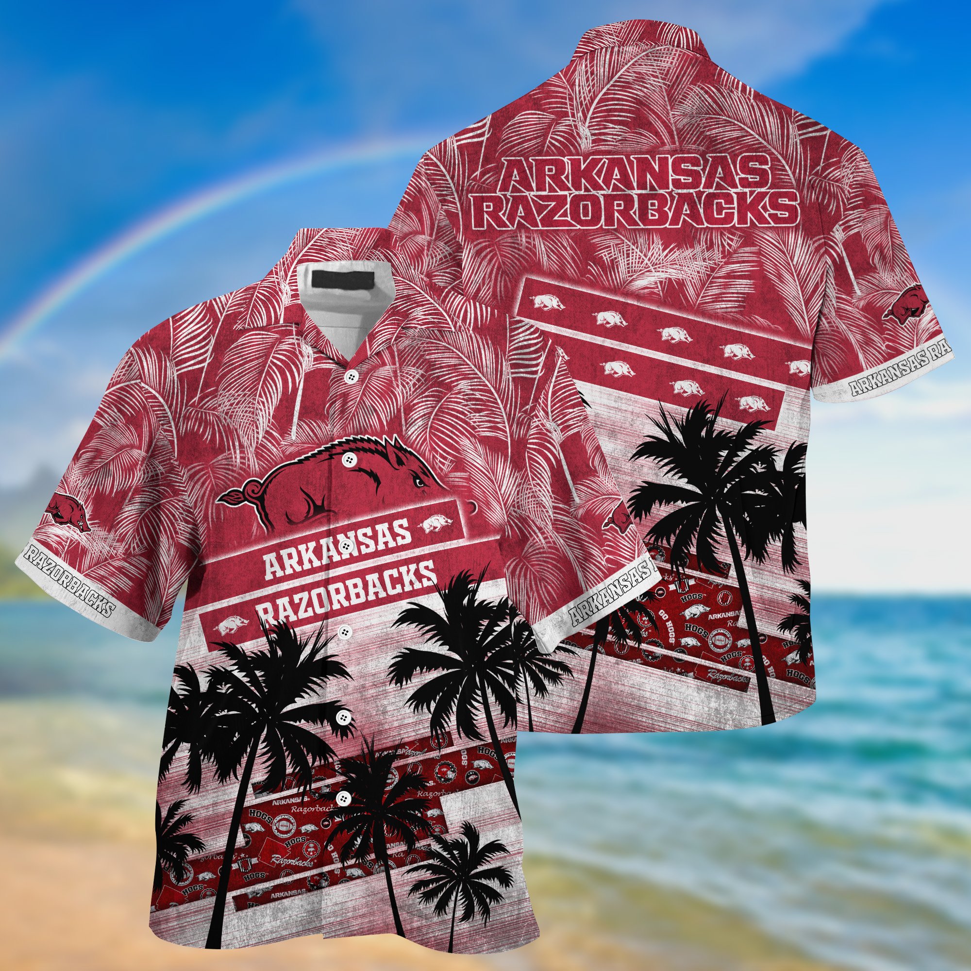 Arkansas Razorbacks Palm Tree Pattern Hawaii Shirt For Sports Fans, Custom Sport Hawaii Shirt NA32896