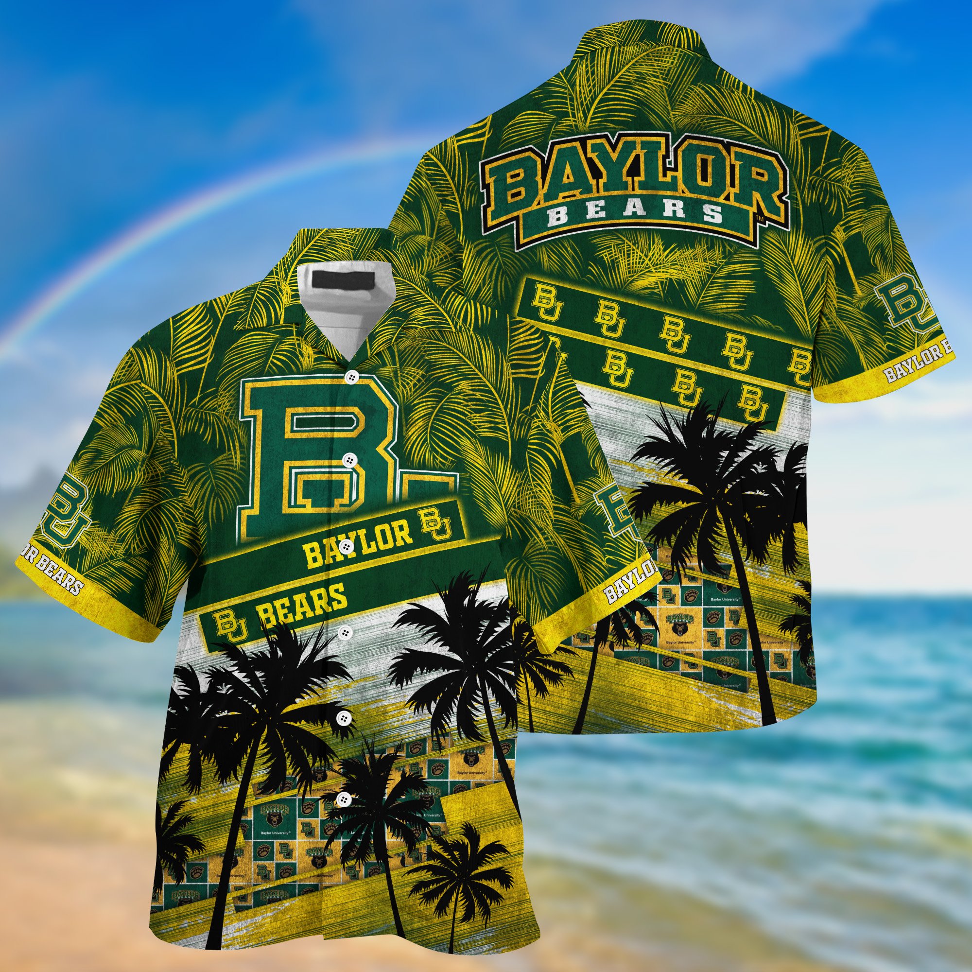 Baylor Bears Palm Tree Pattern Hawaii Shirt For Sports Fans, Custom Sport Hawaii Shirt NA32896