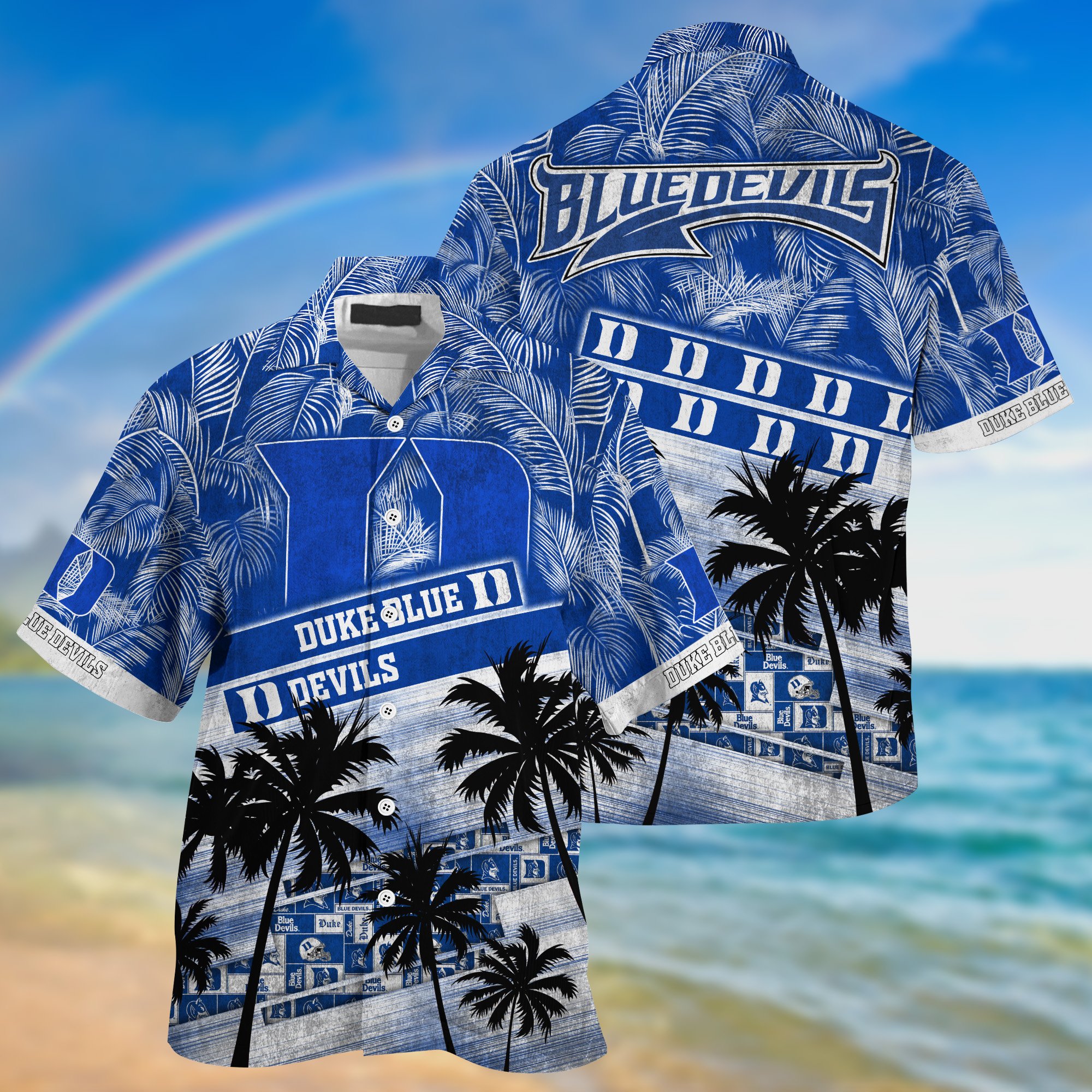 Duke Blue Devils Palm Tree Pattern Hawaii Shirt For Sports Fans, Custom Sport Hawaii Shirt NA32896