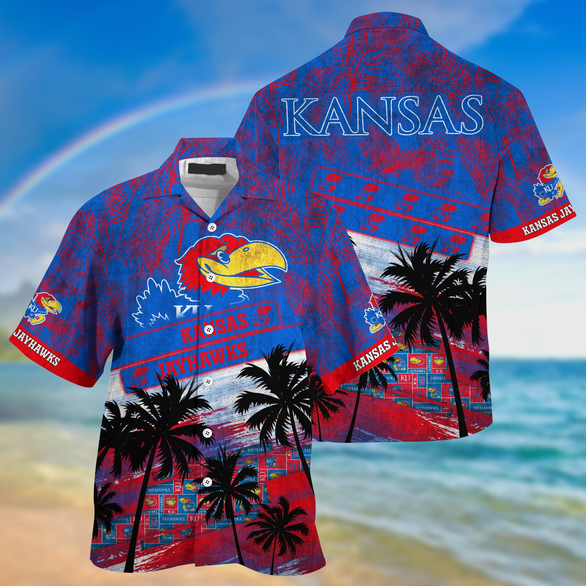 Kansas Jayhawks Palm Tree Pattern Hawaii Shirt For Sports Fans, Custom Sport Hawaii Shirt NA32896