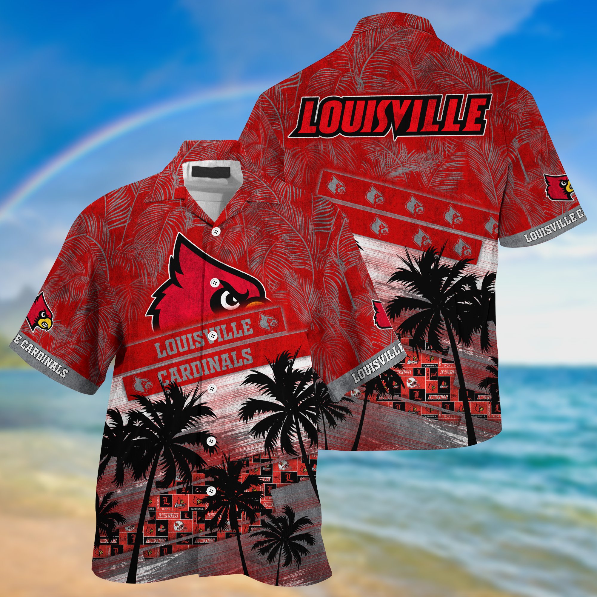 Louisville Cardinals Palm Tree Pattern Hawaii Shirt For Sports Fans, Custom Sport Hawaii Shirt NA32896