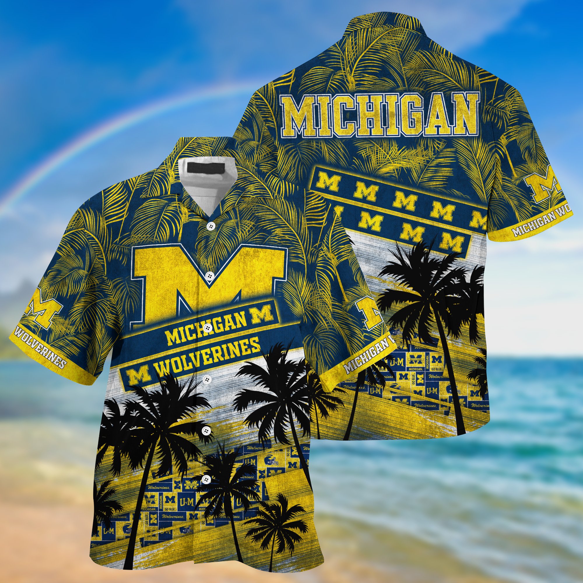 Michigan Wolverines Palm Tree Pattern Hawaii Shirt For Sports Fans, Custom Sport Hawaii Shirt NA32896