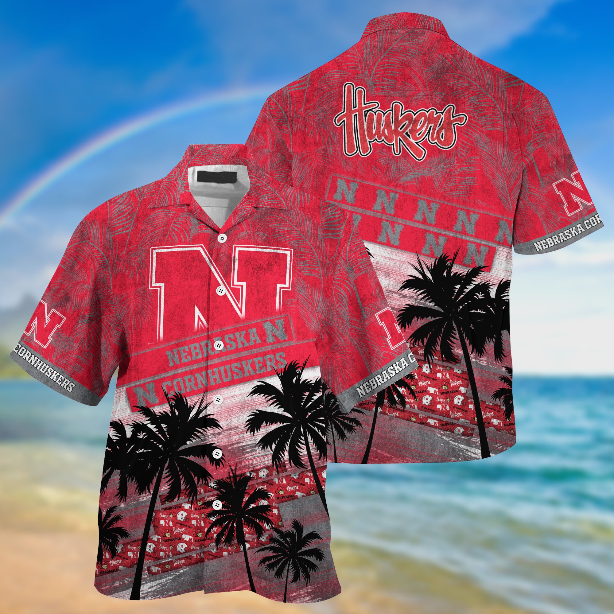 Nebraska Cornhuskers Palm Tree Pattern Hawaii Shirt For Sports Fans, Custom Sport Hawaii Shirt NA32896