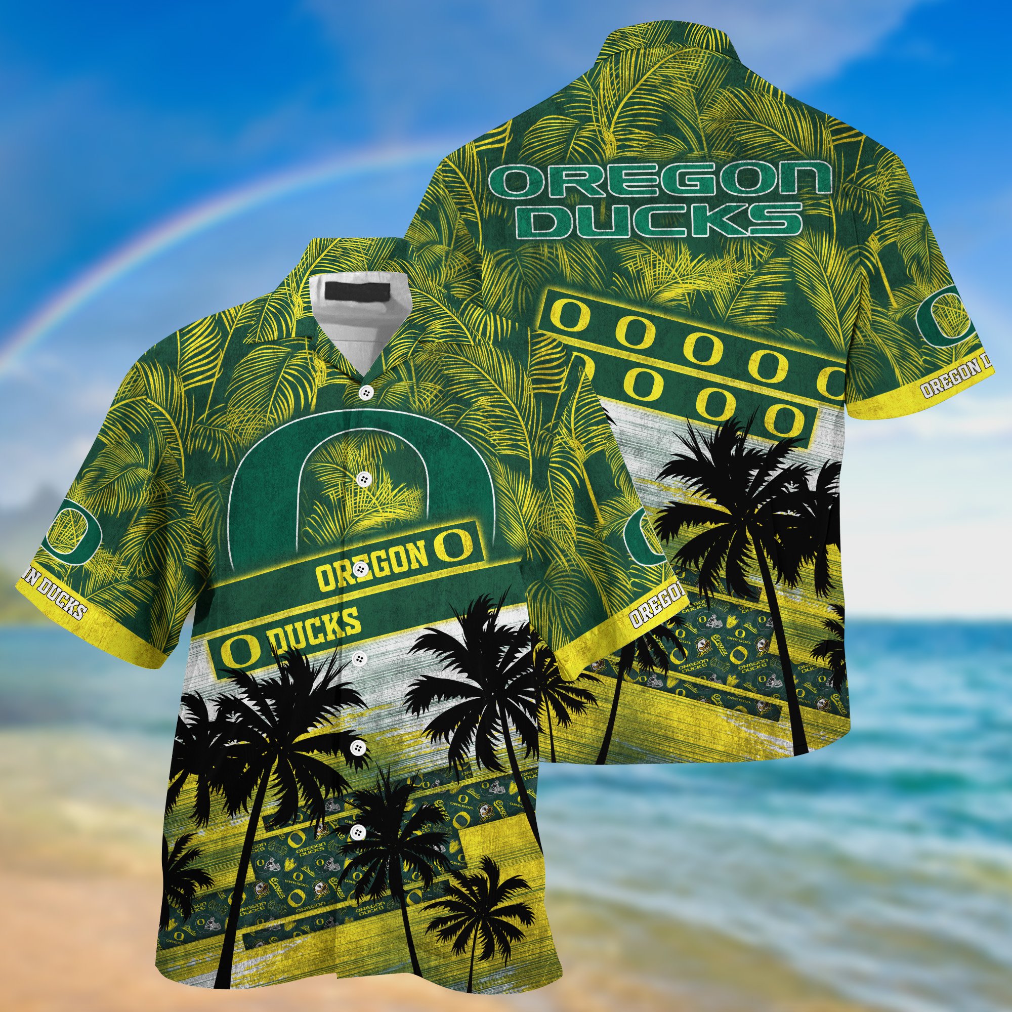 Oregon Ducks Palm Tree Pattern Hawaii Shirt For Sports Fans, Custom Sport Hawaii Shirt NA32896