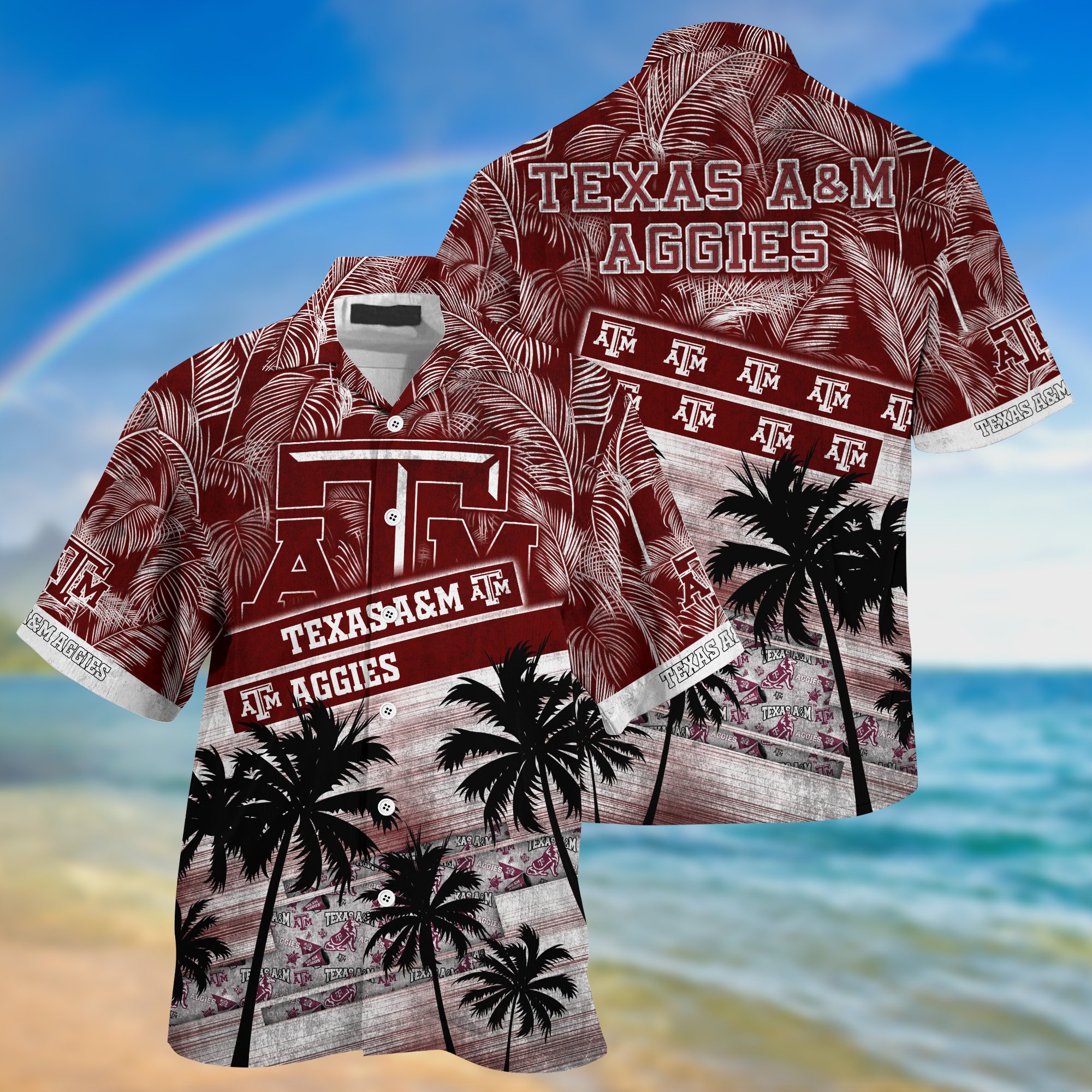 Texas A&M Aggies Palm Tree Pattern Hawaii Shirt For Sports Fans, Custom Sport Hawaii Shirt NA32896