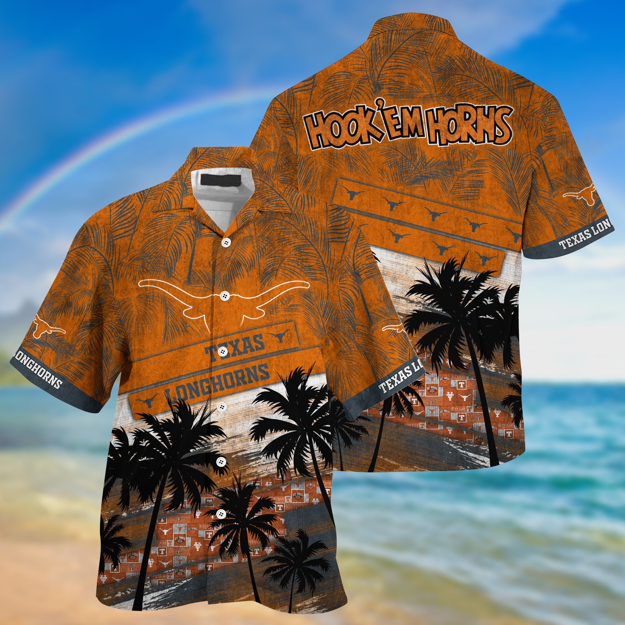 Texas Longhorns Palm Tree Pattern Hawaii Shirt For Sports Fans, Custom Sport Hawaii Shirt NA32896