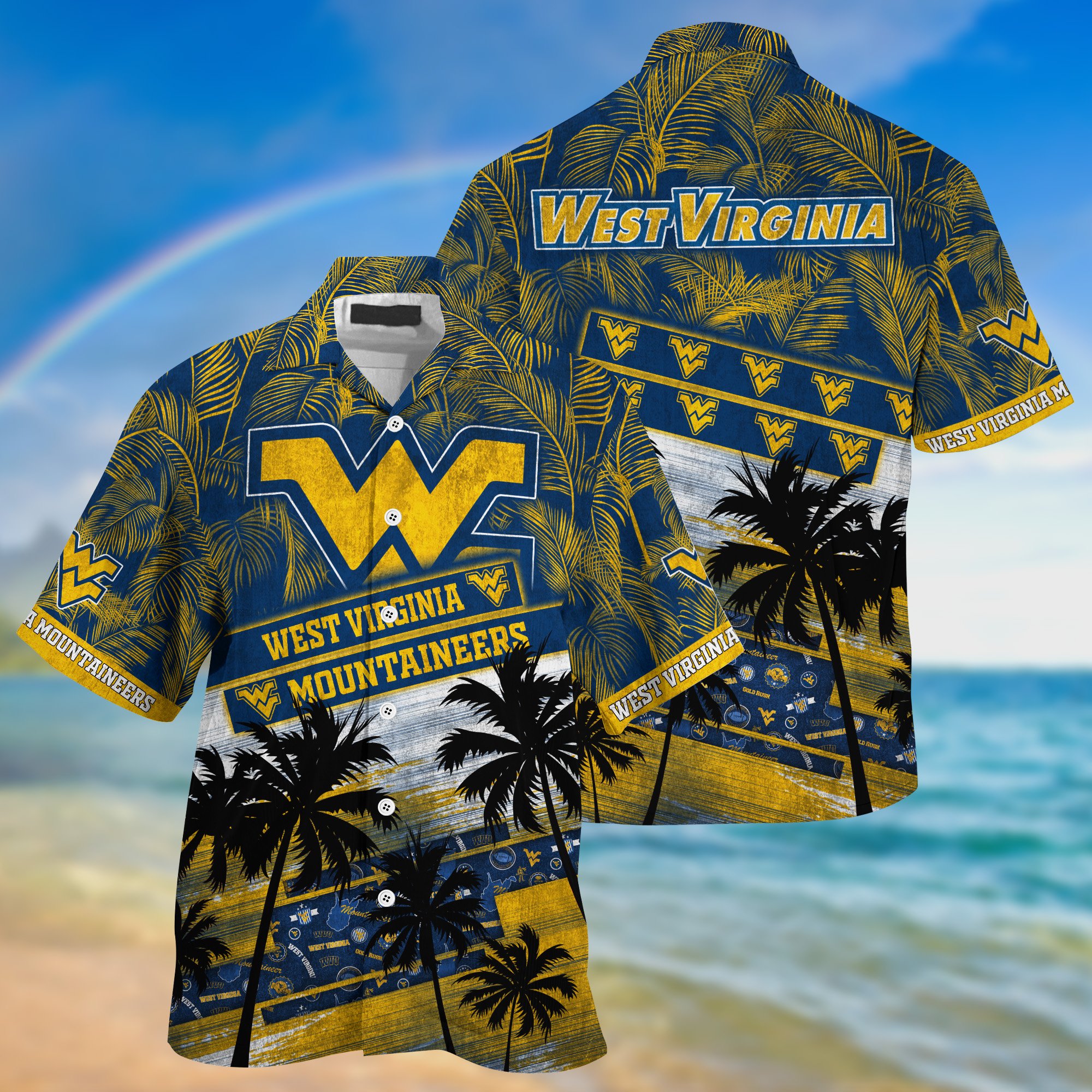 West Virginia Mountaineers Palm Tree Pattern Hawaii Shirt For Sports Fans, Custom Sport Hawaii Shirt NA32896