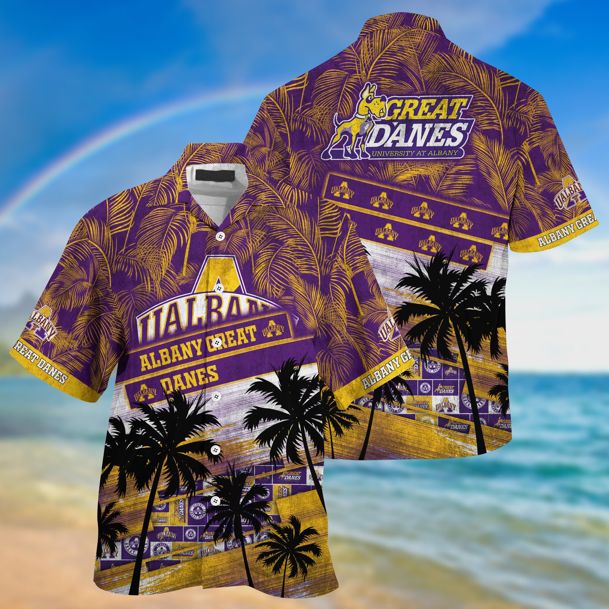 Albany Great Danes Palm Tree Pattern Hawaii Shirt For Sports Fans, Custom Sport Hawaii Shirt NA32896