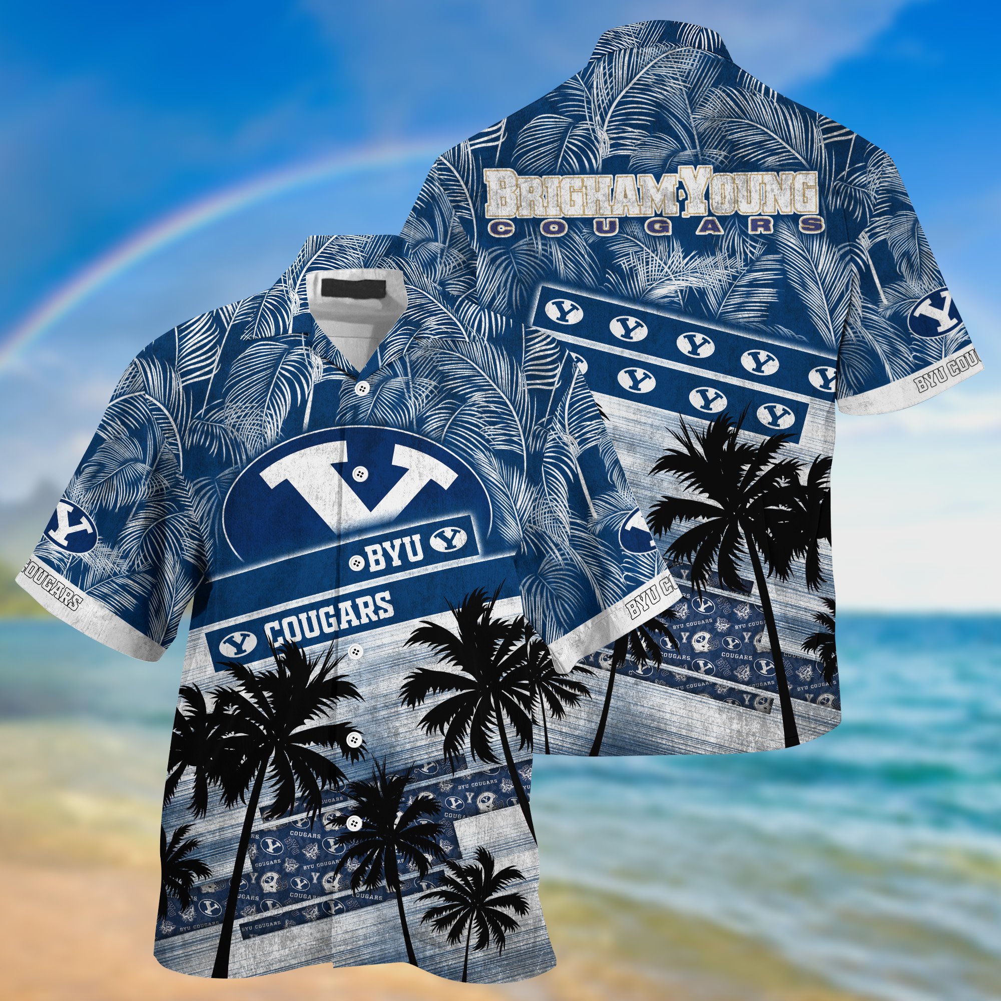 BYU Cougars Palm Tree Pattern Hawaii Shirt For Sports Fans, Custom Sport Hawaii Shirt NA32896