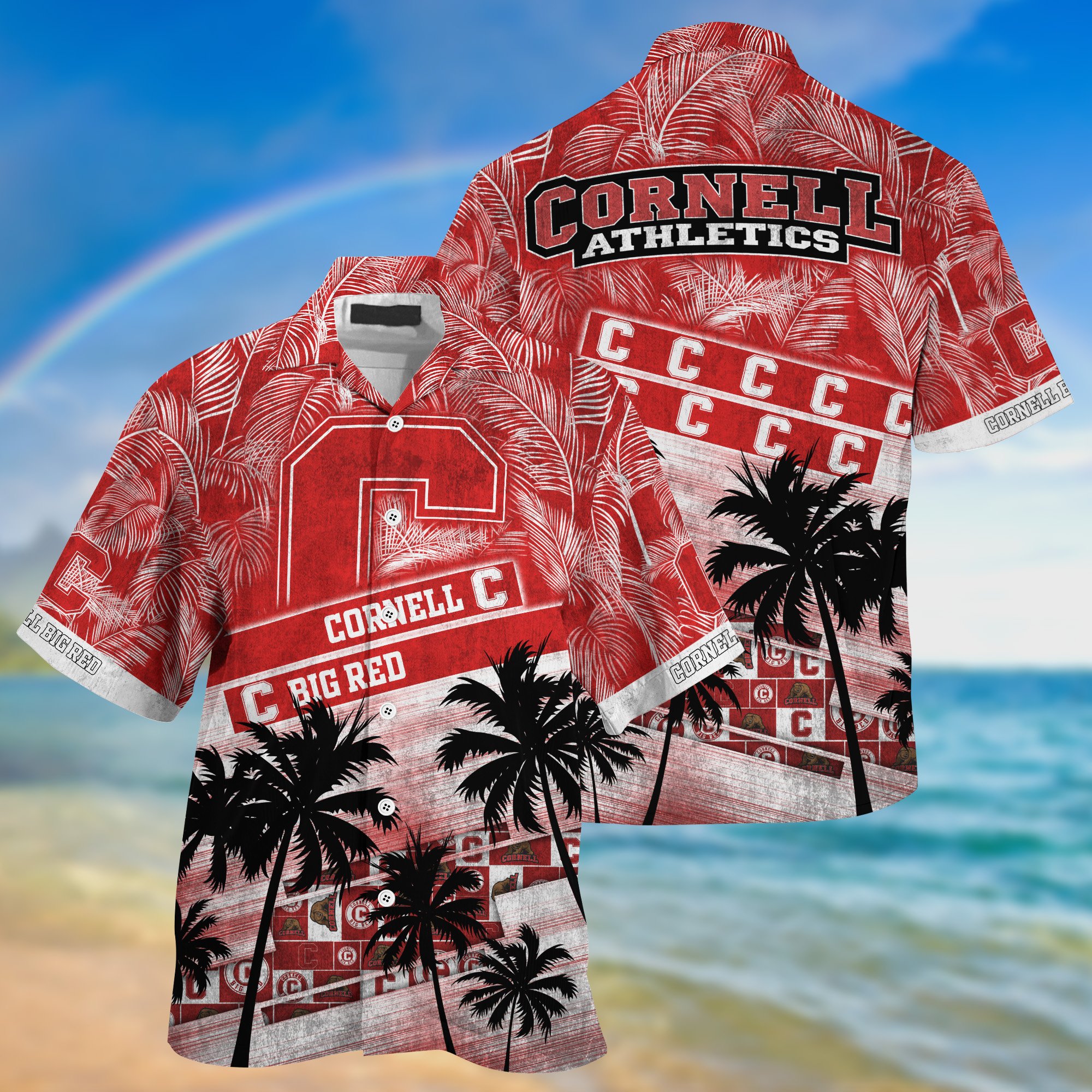 Cornell Big Red Palm Tree Pattern Hawaii Shirt For Sports Fans, Custom Sport Hawaii Shirt NA32896